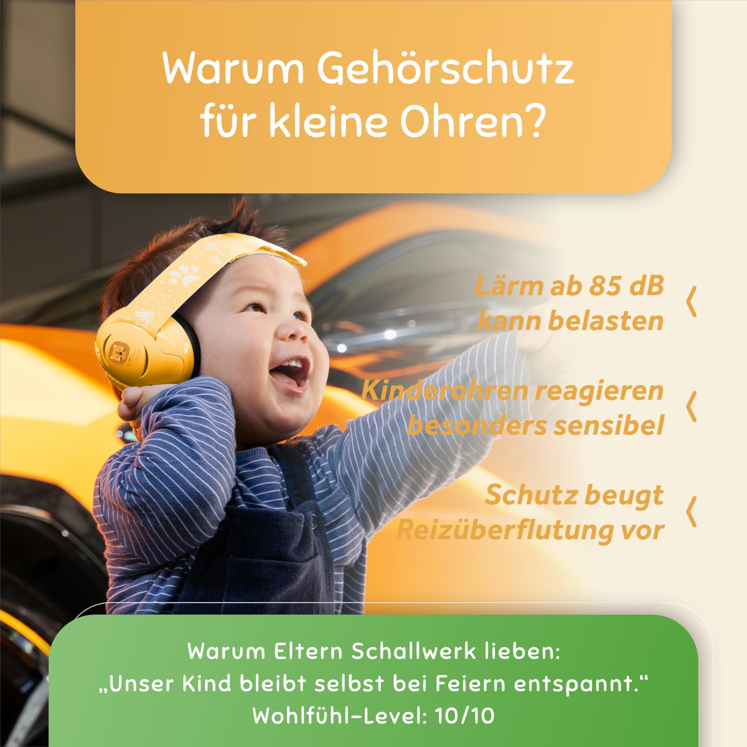 Schallwerk ® Mini+ (Lion Yellow) Gehörschutz Baby & Kinder – Lärmschutz Kopfhörer für Kleinkinder – Hochwertige Ohrenschützer & Hörschutz speziell für Babys