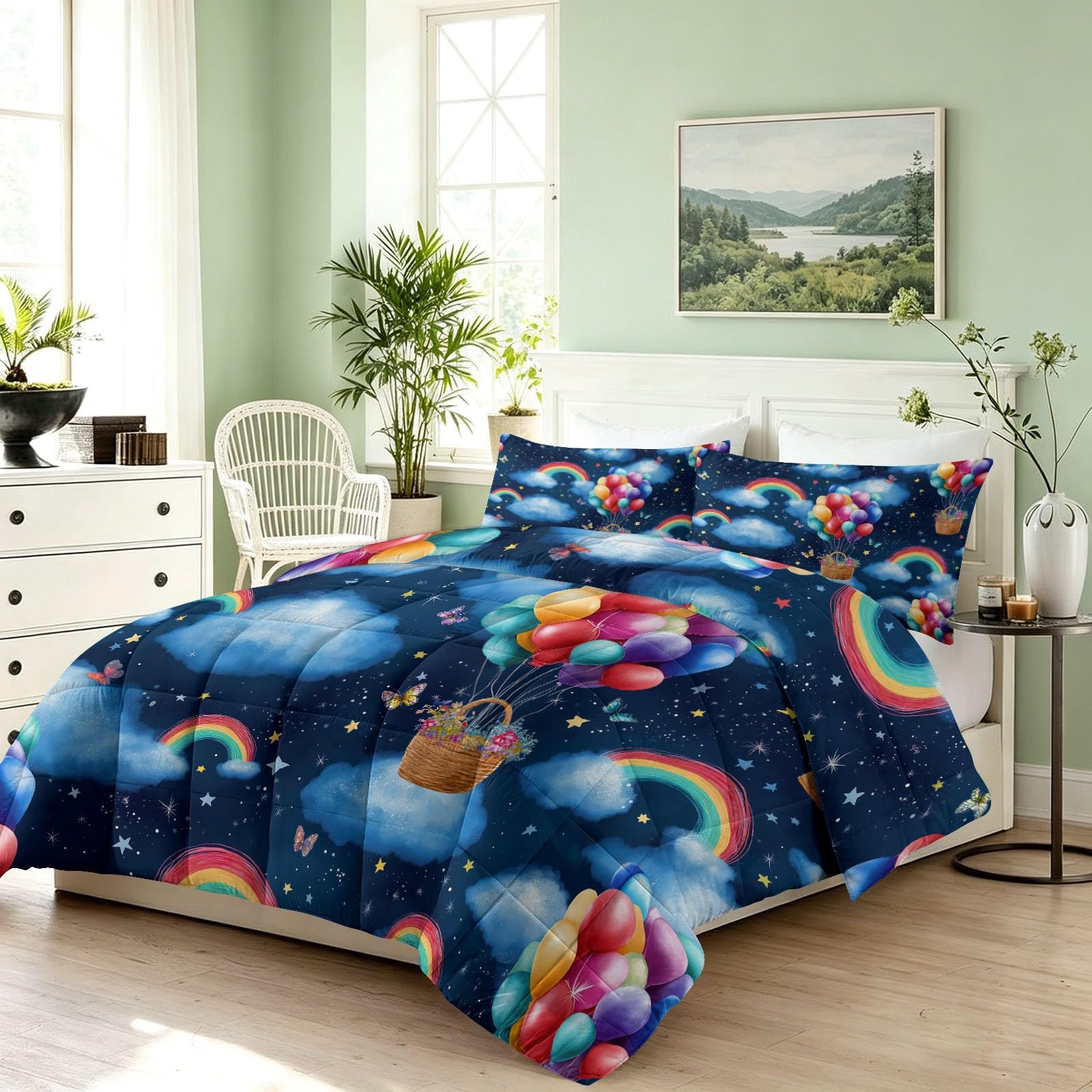 Piumino 135 x 200 cm, 4 stagioni, motivo nuvola arcobaleno, caldo, delicato sulla pelle, per tutto l'anno, 135 x 200 cm, con cartoni animati, senza rivestimento, lavabile, con 2 federe da 80 x 80 cm