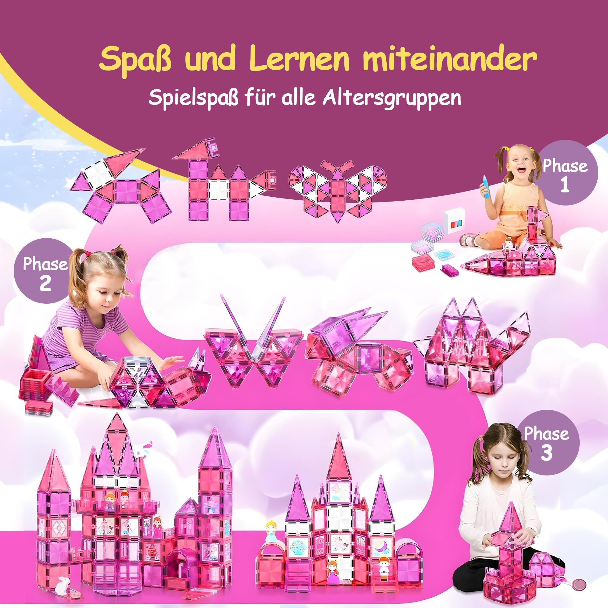 Olvy Magnetische Bausteine Montessori Spielzeug - 80 Magnetic Tiles Kinder - Magnetisches Konstruktionsspielzeug Ab 3 Jahre - Smart Playground Magnetbausteine, Magnetset Kinder (Prinzessin)