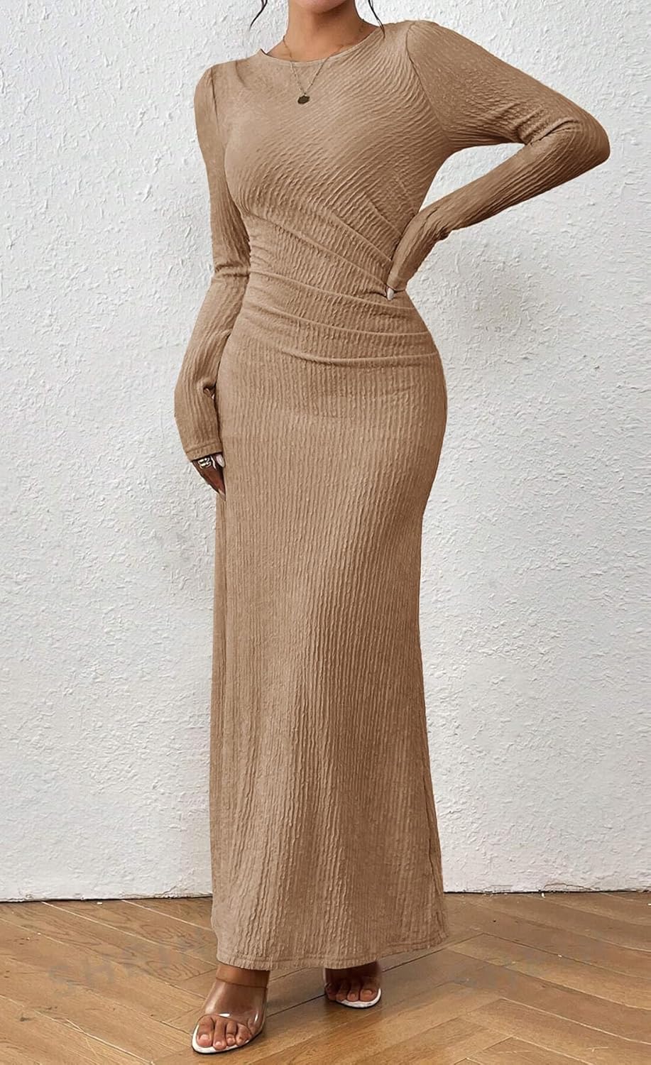 MITILLY Fall Dress for Women 2026 Long Sleeve Maxi Dress Formal Crew Neck Bodycon Ruched Cocktail Party Dresses - Image 4