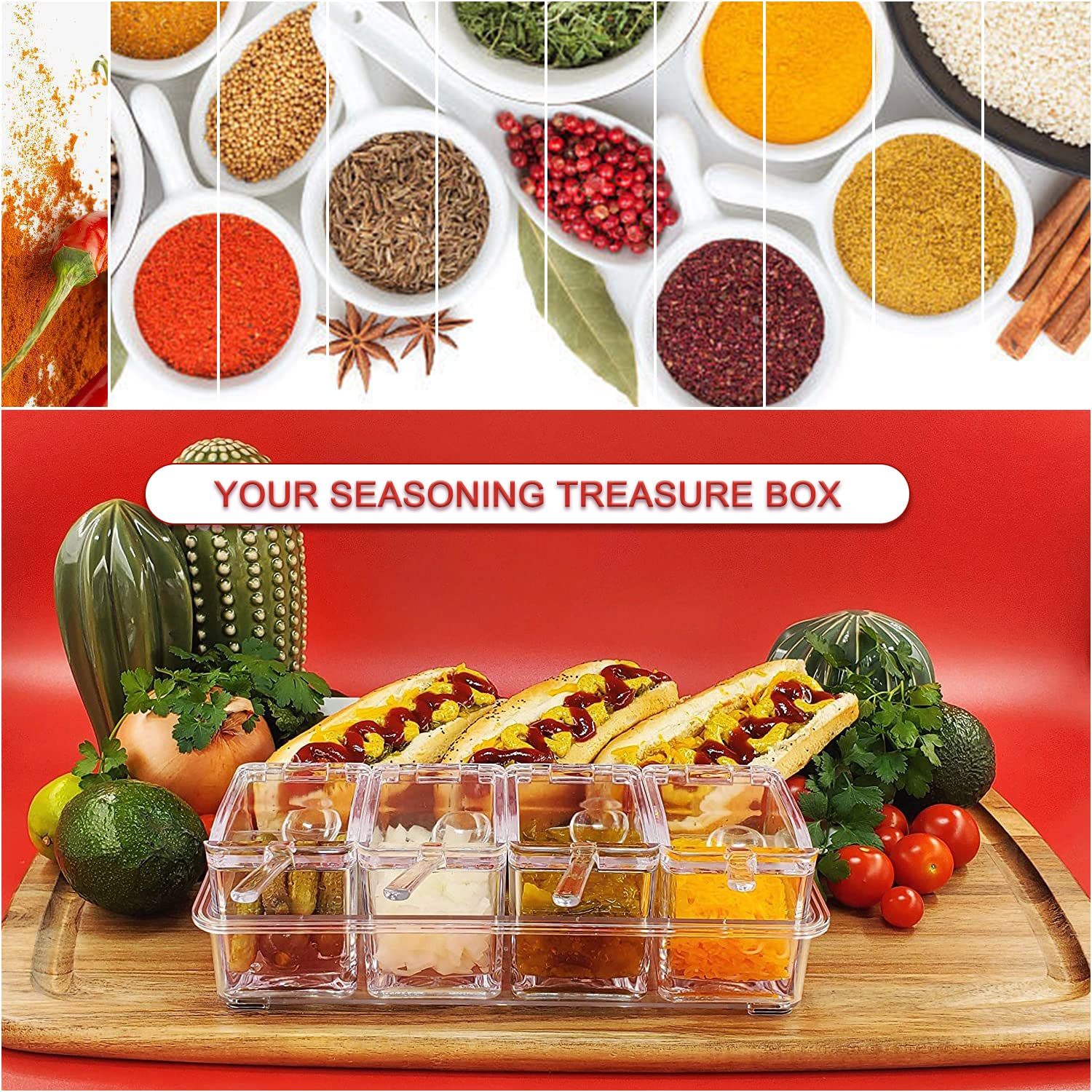 Assaisonnement Box Pot à Epices en Plastique Boite a Epices Cuisine avec Cuillere 4 en 1 pour Camping Rangement de Condiments Sucre Sel Poivre Épices