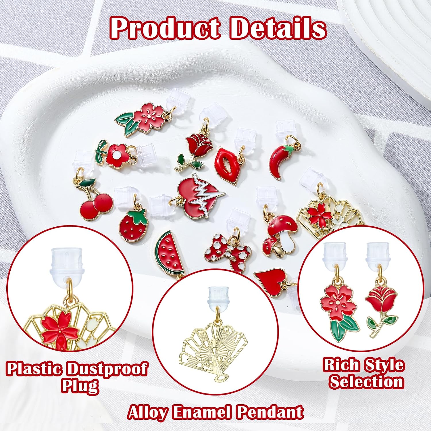 15Pcs Red Dust Plug Charm Type C Cute USB C Phone Dust Plug Charm with Alloy Flower Enamel Phone Charms Charging Port Pandants for Earphone E-Reader Protector Accessory image 4