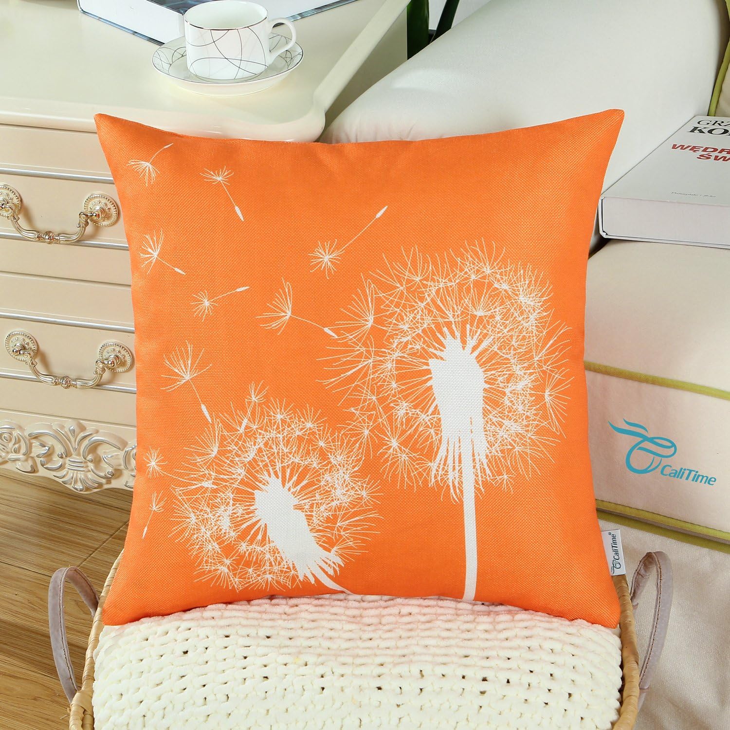 CaliTime Pack of 2 Canvas Throw Pillow Covers Cases for Couch Sofa Home Decoration Solid Dandelion Print Both Sides 18 X 18 Inches Sun Orange
