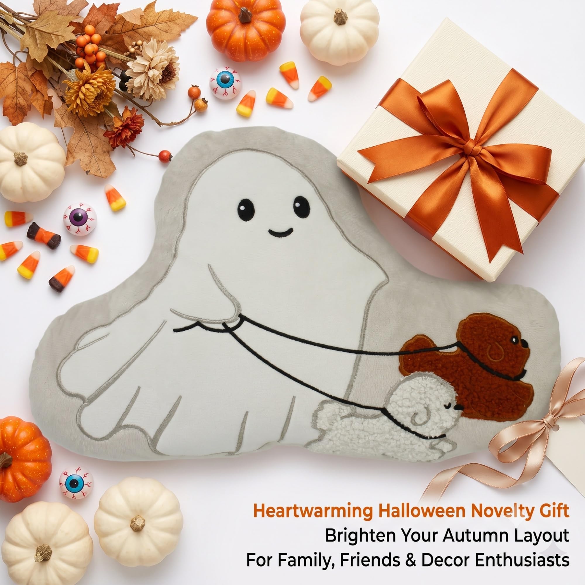 Generisch Niedliches Dekokissen in Geisterform mit wandelnden Hunden | Flauschiges Geisterkissen mit Stickerei und 3D-Plüschwelpen, Herbst-Wohndekoration, weiche Halloween-Wurfkissen Sofa(3pcs)