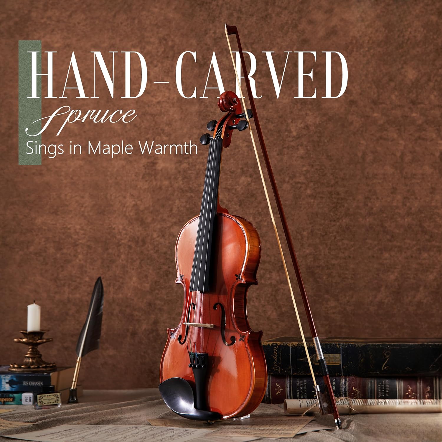 AKLOT Handcrafted Flamed Maple Violin: Full Size Glossy Fiddle, Acoustic Advanced 4/4 Violin Kit with Ebony Bow, Solid Wood Shoulder Rest, Lesson Book, Hard Case, Extra Strings, Tuner (VRT-AdvOB)