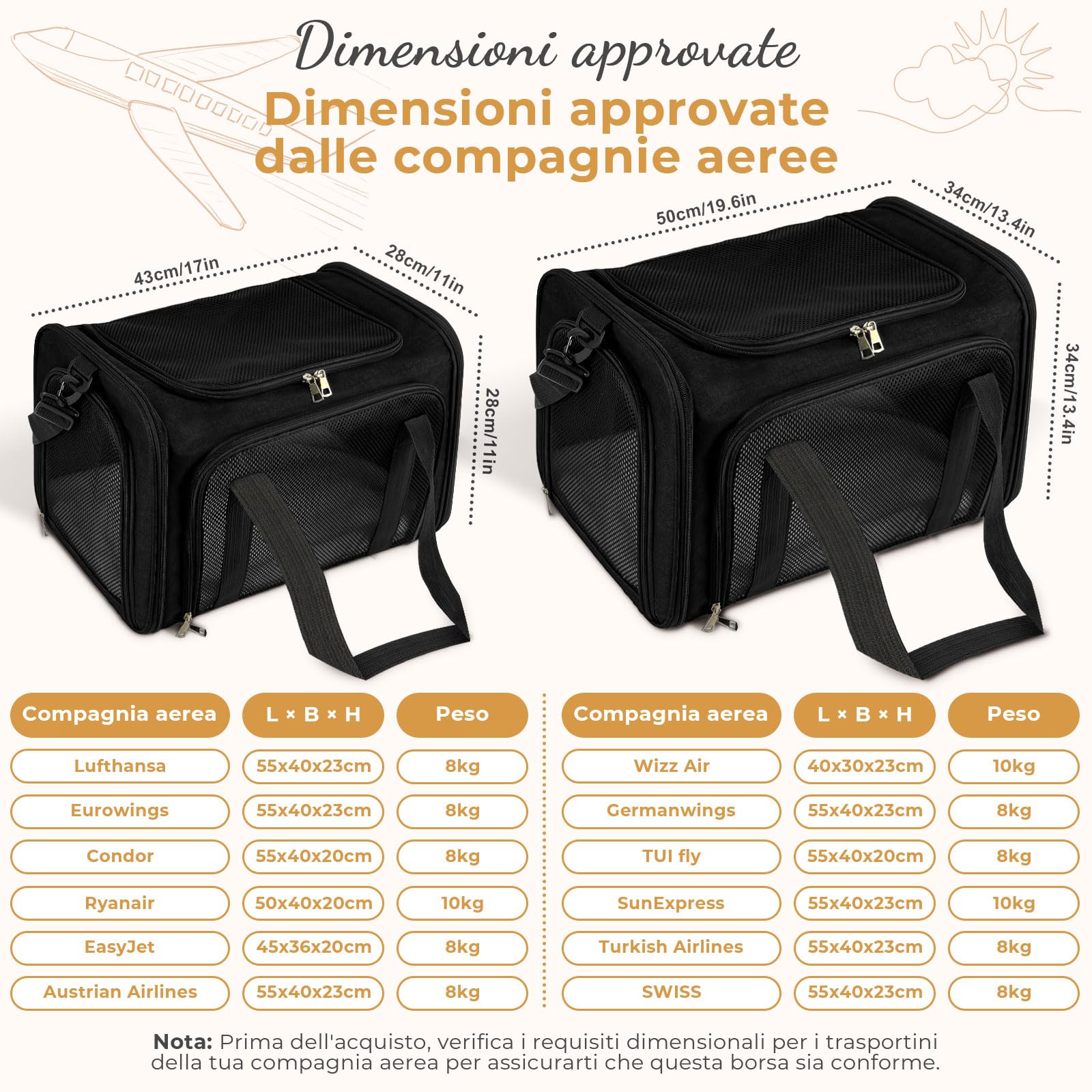 Trasportino per Gatti, 50x34x34cm Trasporto per Gatti e Animali fino a 8 kg, Trasportino per Animali Portatile Pieghevole, Trasportino per Viaggi Lunghi e Brevi (Nero)