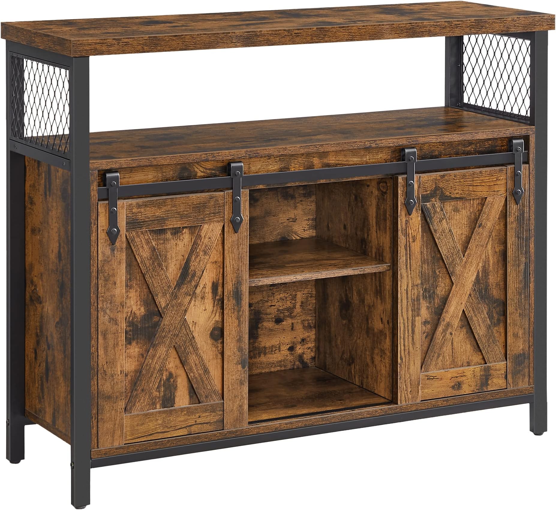 VASAGLE Sideboard, Kitchen Cabinet, Storage Cupboard, with 2 Sliding Barn Doors, 33 x 100 x 80 cm, Adjustable Shelves, for Living Room, Rustic Brown and Ink Black LSC092B01