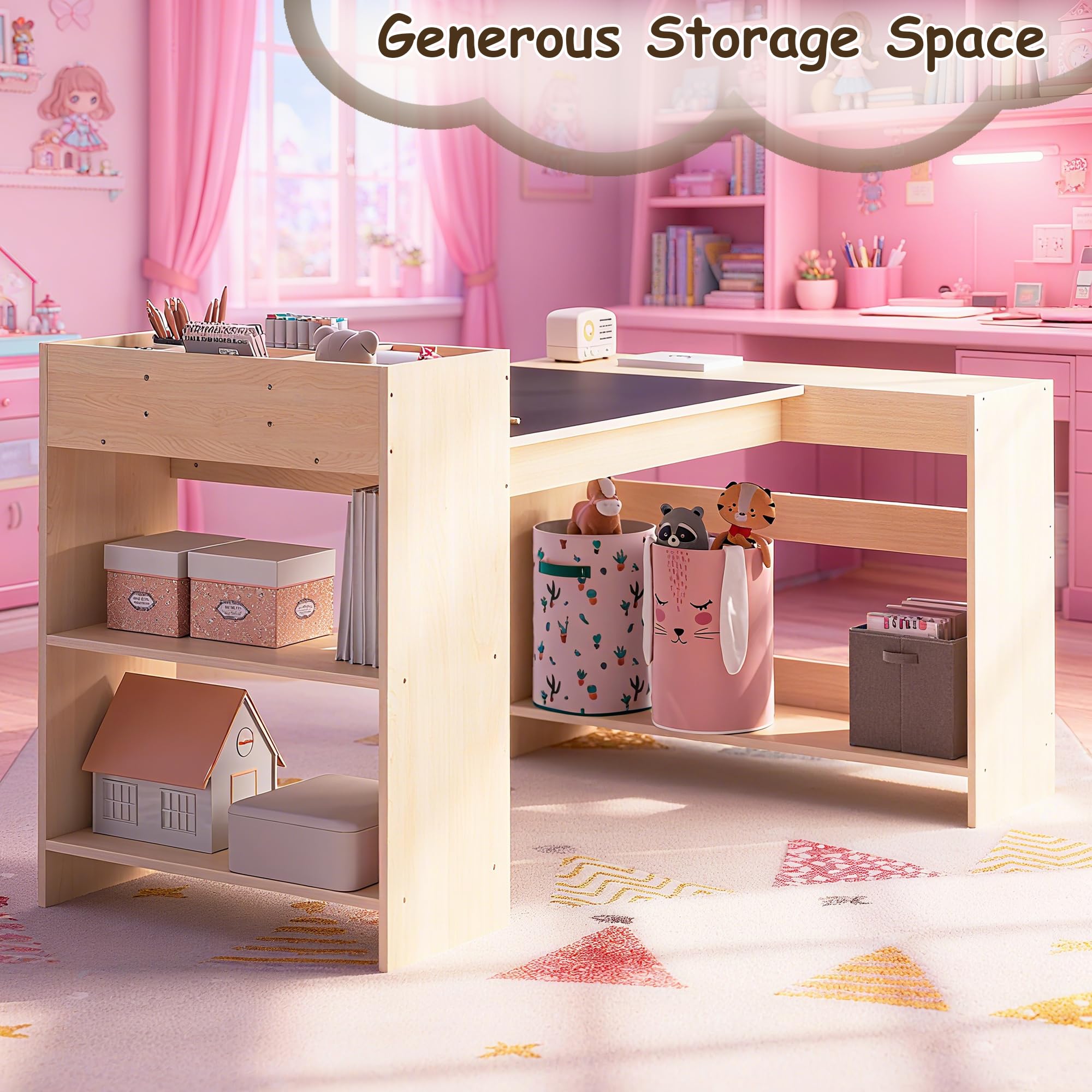 Juego de mesa de arte para niños y 1 silla, mesa de manualidades para niños con rollo de papel y almacenamiento, juego de madera ajustable en altura para niños pequeños, escritorio de 6
