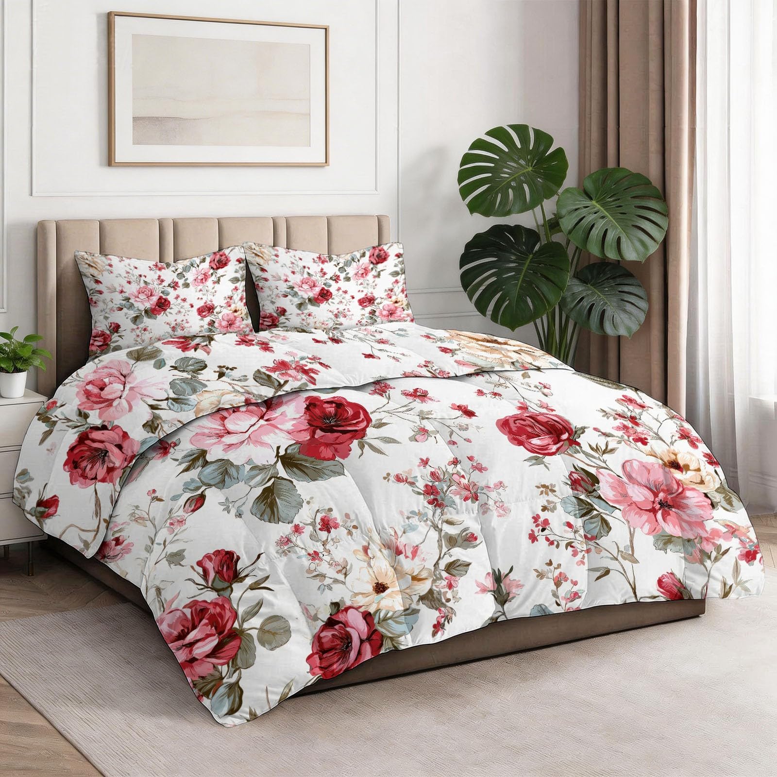 Fein Aquarell Rose Blätter Bettdecke 4-Jahreszeiten 135x200cm, Waschbar Blumen Bedruckte Bettdecke ohne Bezug, Rosa Wende Steppdecke Weich und Weiche Ganzjahresdecke für Einzelbett