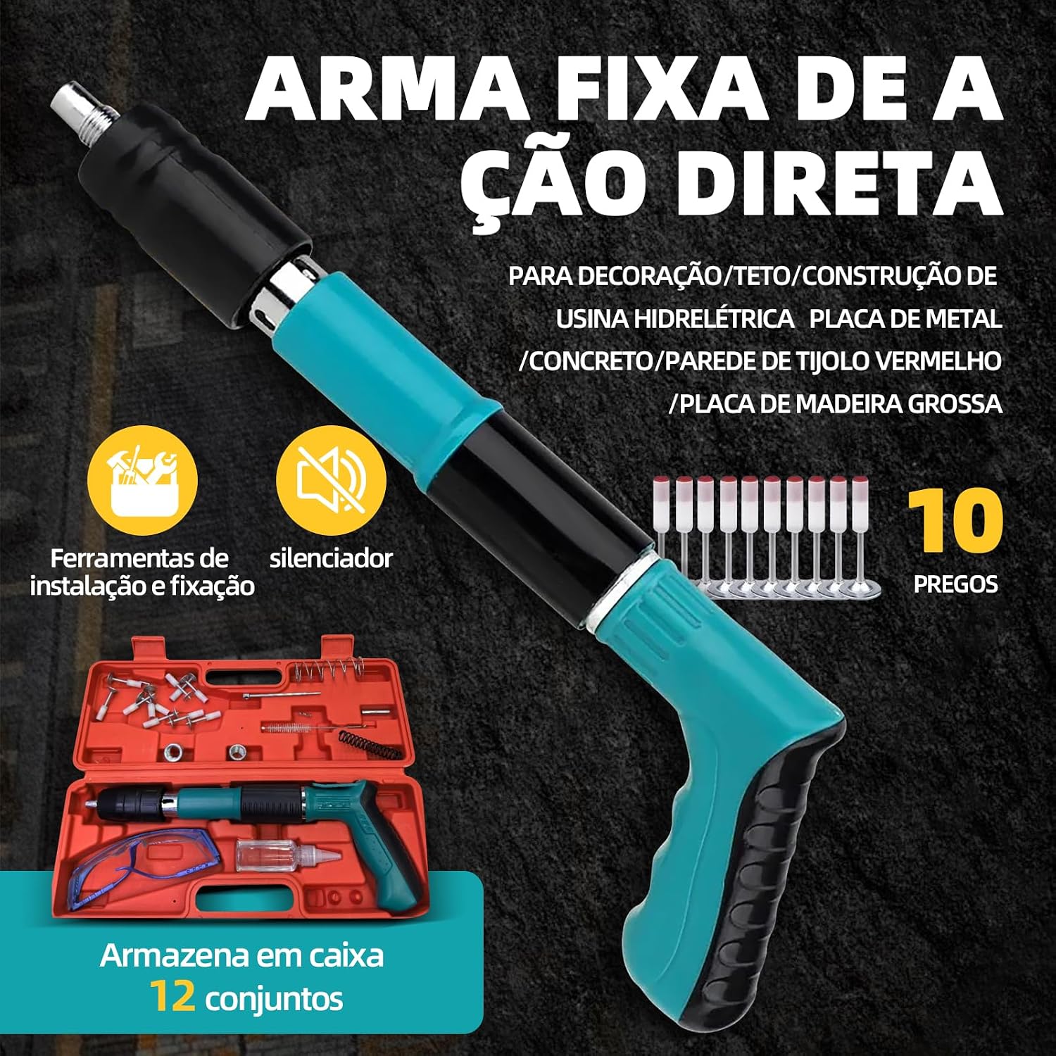 Pistola de Fixação Finca Pino com 10 Pinos Óculos de Proteção e Acessórios, para Concreto, Madeira e Metal Pistola de Fixação Finca Pino com 10 Pinos Óculos de Proteção e Acessórios, para Concreto, Madeira e Metal