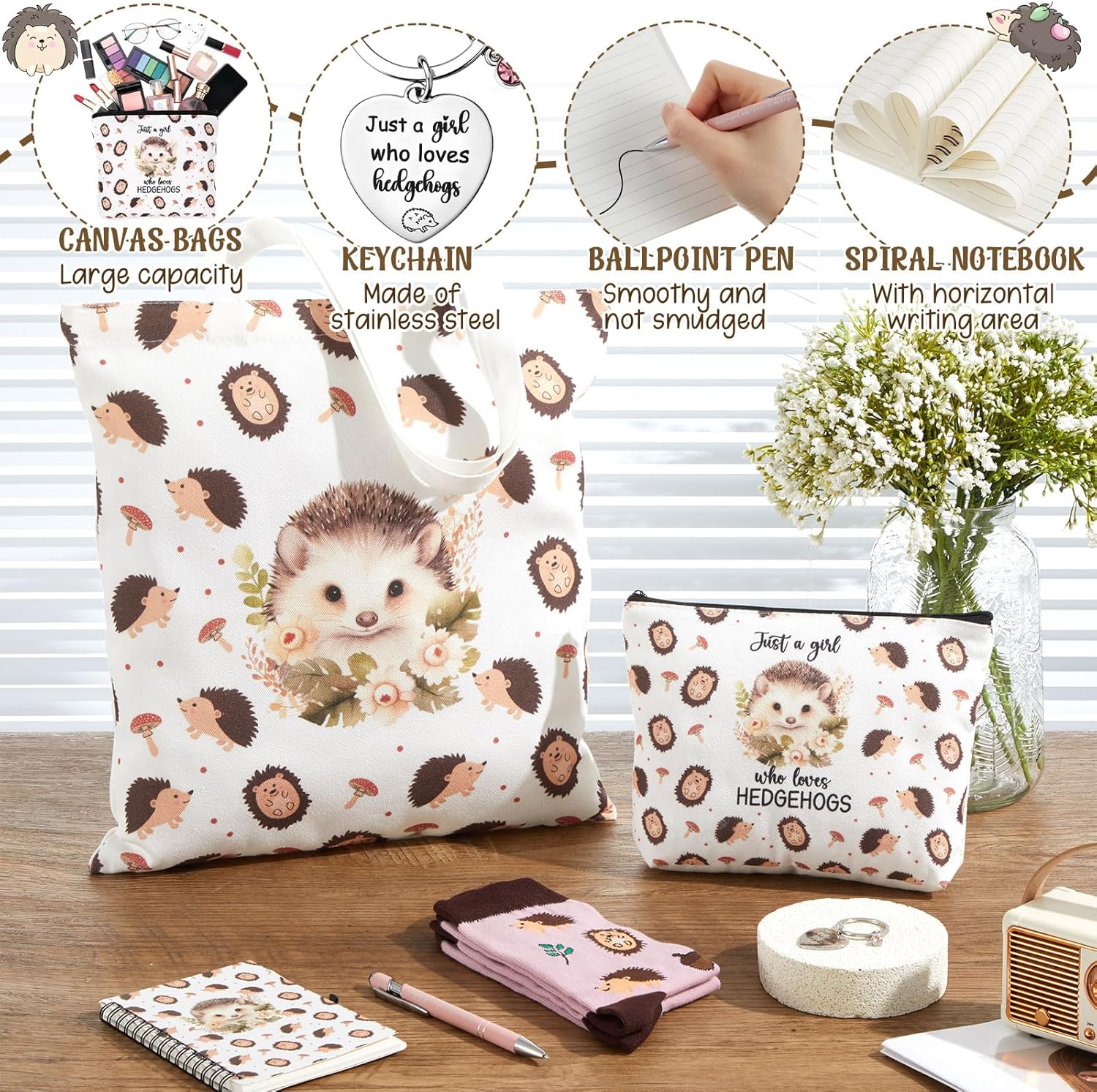 Talltalk 6 Pcs Hedgehog Gifts for Women Hedgehog Lover Gift Set, Socks Canvas Bag Makeup Bag Spiral Notebook Ballpoint Pen and Stainless Steel Keychain for Christmas Birthday Graduation Thanksgiving - Image 2