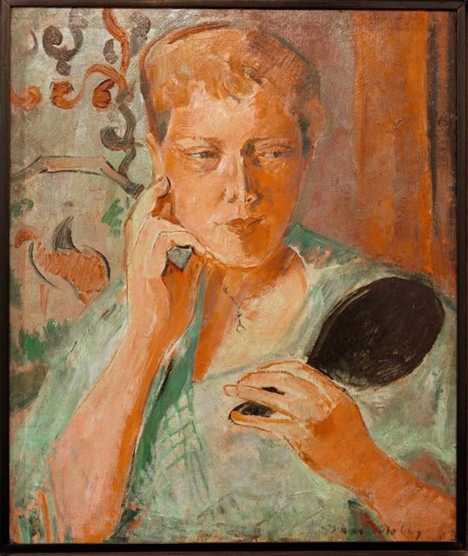 POSTERIIk Vintage Classic Picture Landscape Artwork Portrait Women with Black Hand Mirror by Oskar Moll Portrait Canvas Painting for Office Home Decor 60x90cm