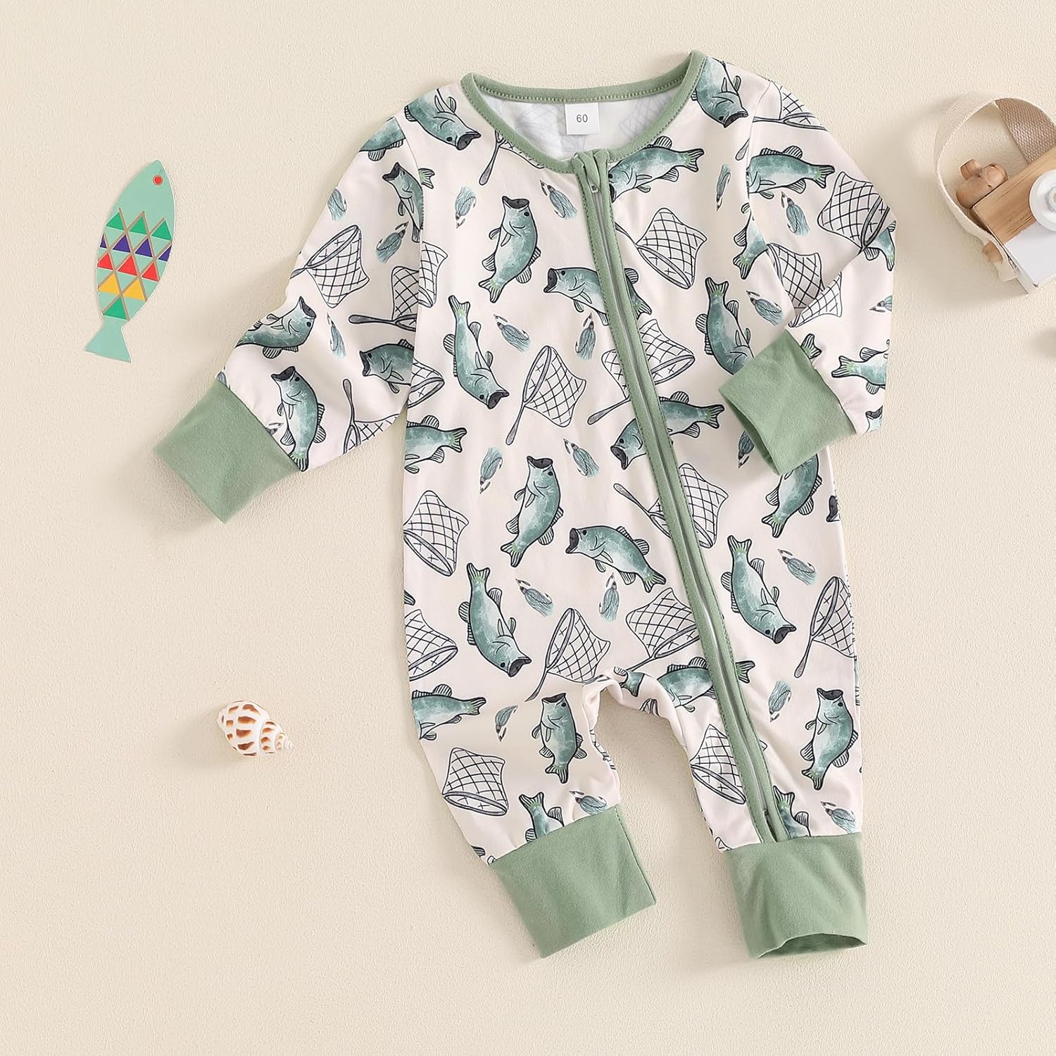 Gaono Newborn Baby Boy Girl Fishing Outfit Long Sleeve Zipper Fish Print Romper Jumpsuit Infant Coming Home Clothes - Image 2