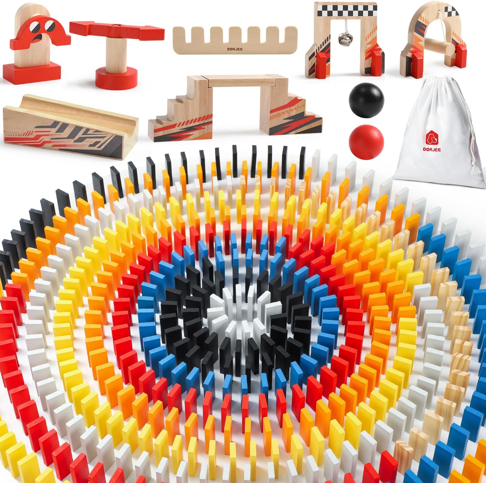 Dorjee - D3.400 - Colorful wooden Domino race theme, contains 115 pieces - with cotton bag - for children aged 4 years and older.