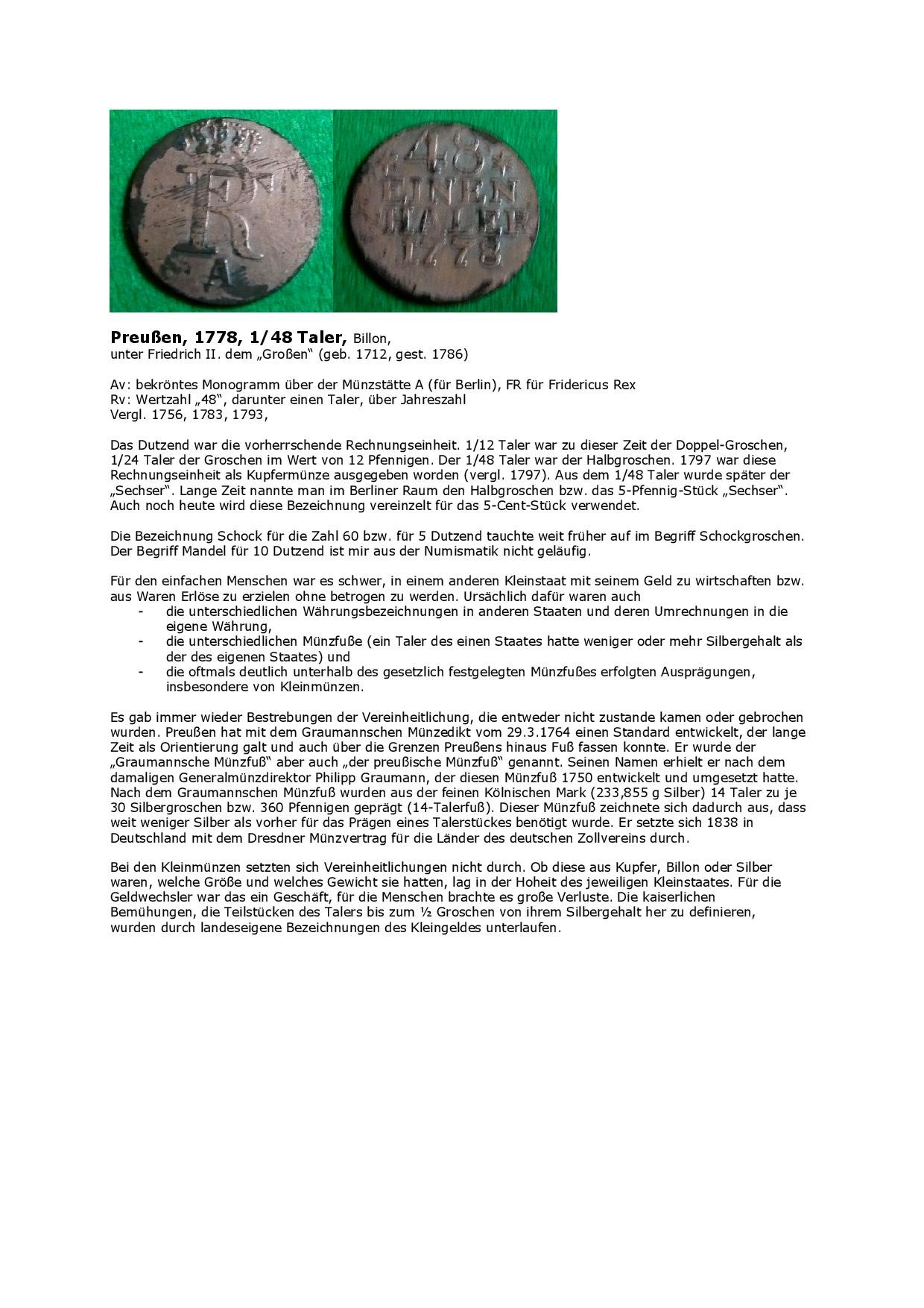 Kalenderblatt zum Jahr 1778: Zum Graumannschen Münzfuß (1/48 Taler Preußens des Jahres 1778) (German Edition)