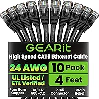 GEARit 10-Pack 4ft Cat6 Ethernet Cables - 10Gbps Snagless RJ45 Patch Cables, Gold-Plated Connectors for PC, Router, TV - Black