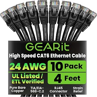 GEARit 10-Pack 4ft Cat6 Ethernet Cables - 10Gbps Snagless RJ45 Patch Cables, Gold-Plated Connectors for PC, Router, TV - Black