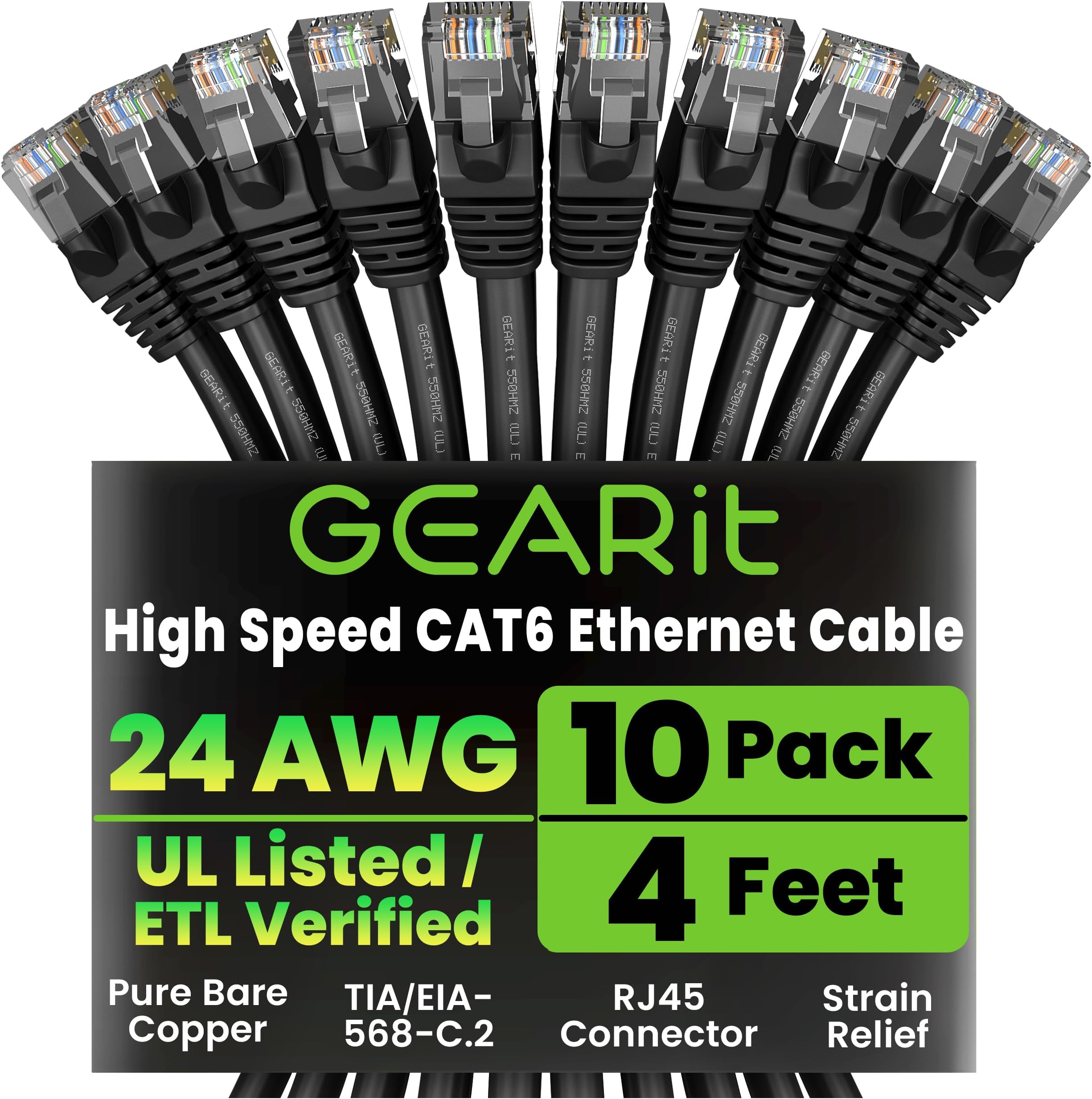 - GEARit Cat 6 Ethernet Patch Cable 4 ft Black (10 Pack) Cat6 Patch Cables 4ft Black/Ethernet Patch Cable, 10Gbps 550MHz 24AWG Pure Copper, Snagless, Gold Plated RJ45 for Router, Server, Router, PC