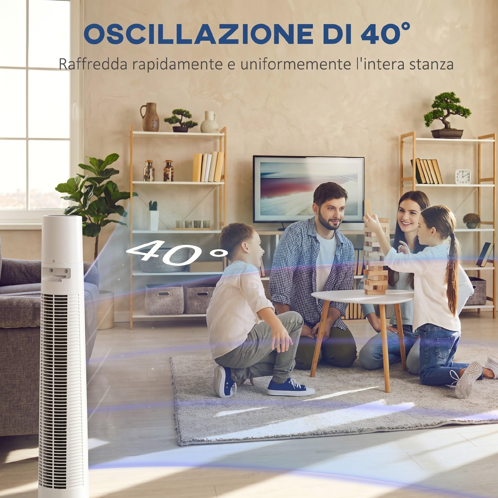 HOMCOM Ventilatore a Torre 50W a 3 Modalità e 3 Velocità, Ventilatore da Terra con Timer da 12h e Telecomando in ABS, Ø32x118.2 cm, Bianco