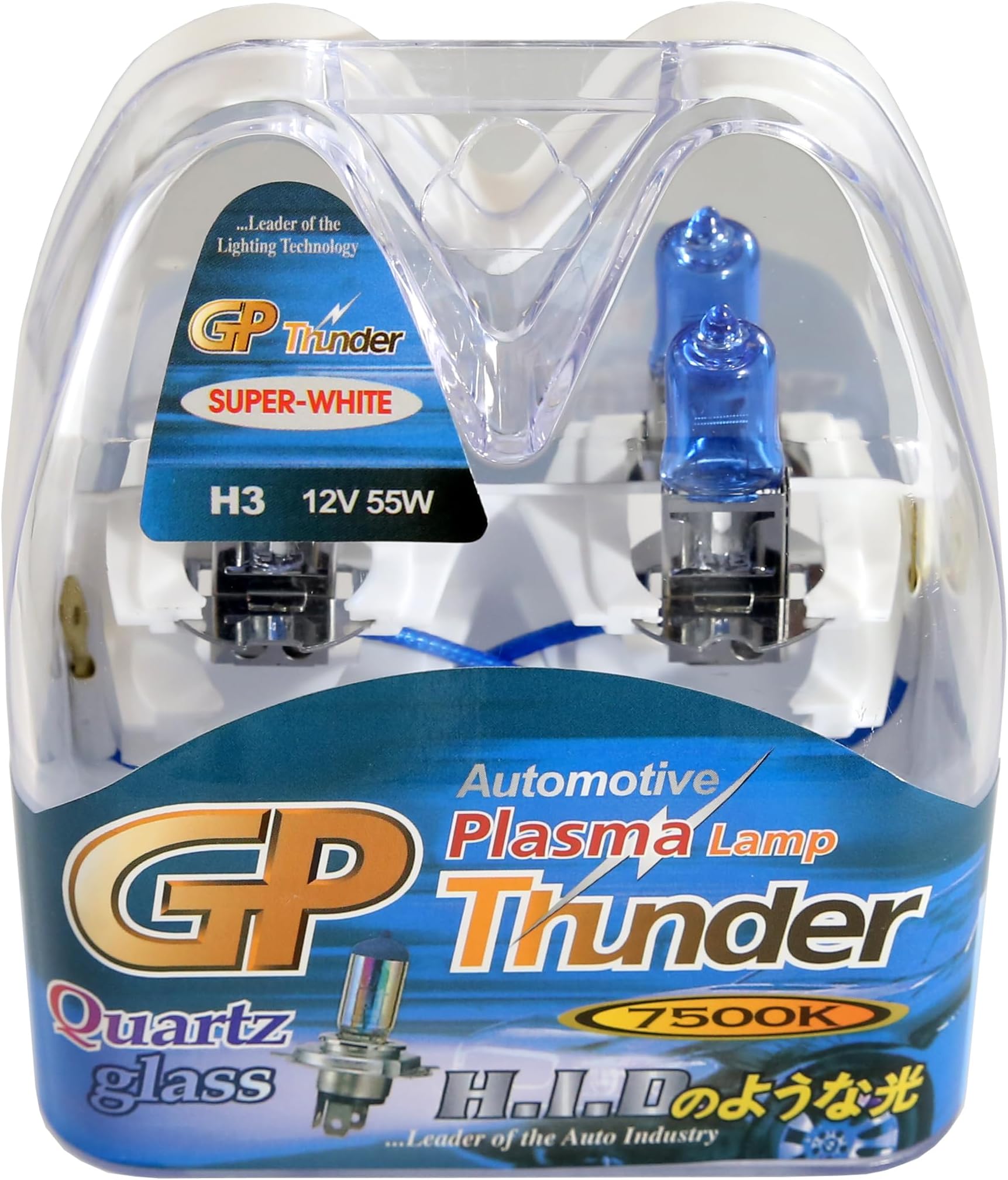 GP Thunder H3 7500K 55W Hyper White with Quartz Glass Headlamp Bulbs for High Beam - Fog Lights - Day Time Running Light - Xtreme SGP75K-H3
