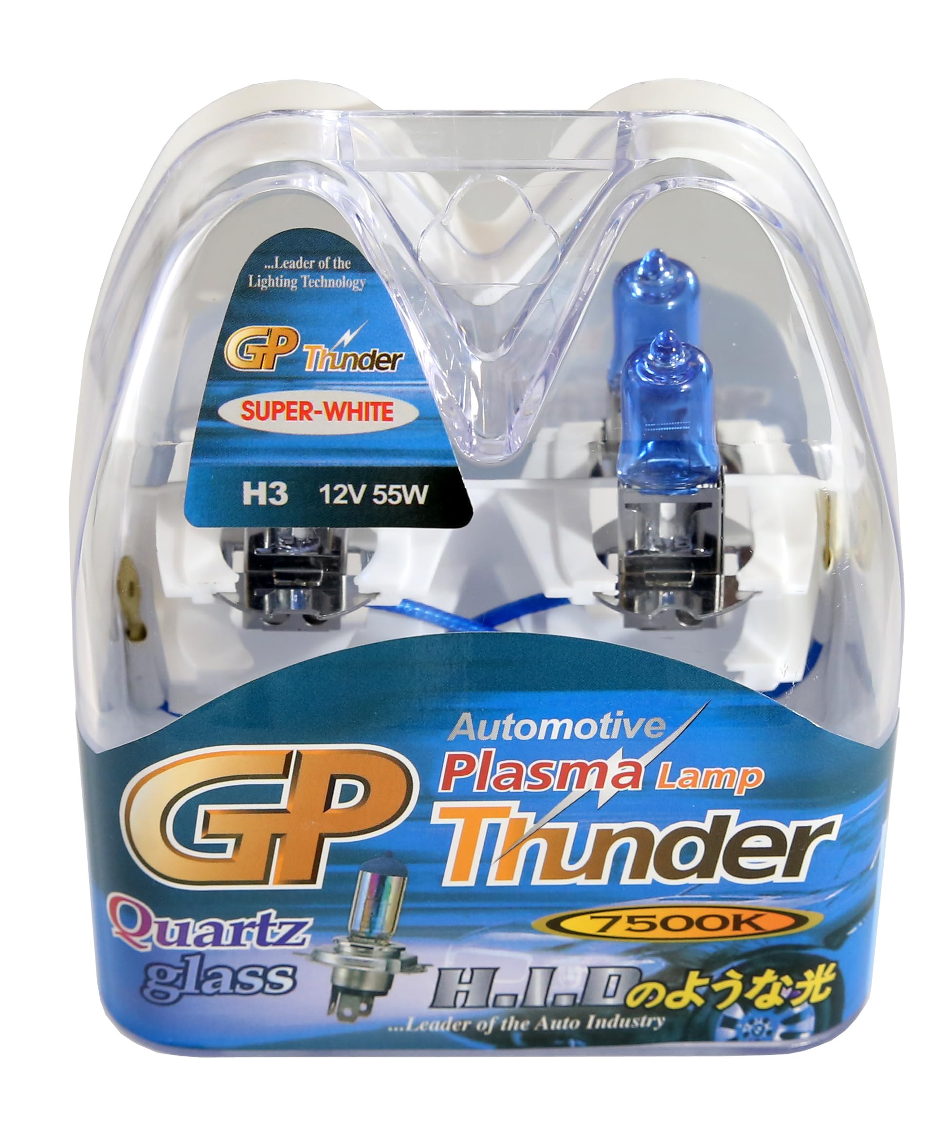 GP Thunder H3 7500K 55W Hyper White with Quartz Glass Headlamp Bulbs for High Beam - Fog Lights - Day Time Running Light - Xtreme SGP75K-H3