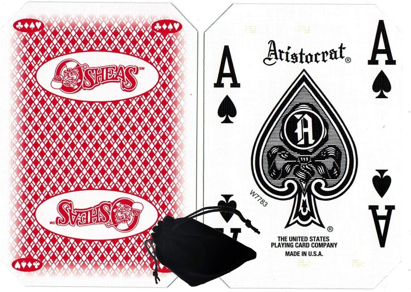 Cyber-Deals Wide Selection of Las Vegas Strip Casino Table-Played Authentic Playing Card Decks with Black Velvet Cloth Pouch Bag - O'Sheas (Red)