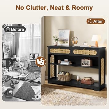 Hoctieon Rattan Console Table with 2 Drawers, 3-Tier Boho Woven Entryway Table with Back Panel and Open Storage Shelf, 40 Wood Narrow Long Sofa Tables for Hallway, Foyer, Living Room, Black