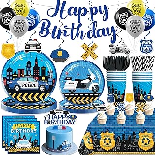 186pcs Police Birthday Party Decorations Tableware Complete Set, Serves 25 Guests, Police Party Decorations Kit with Banner Plates, Napkins, Balloons, Tablecloths, for Police-Theme Birthday