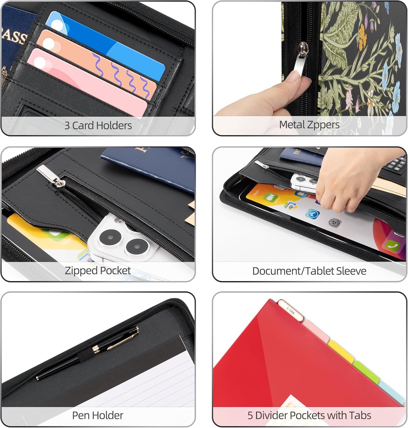 Ospelelf Leather Portfolio Folder with Zipper - 3 Ring Binder with Clipbard - Calculator, 12.1” Tablet Sleeve, 5 Dividers with 10 Pockets, Refillable Notepad, Card Holder (Bushes) - Image 4