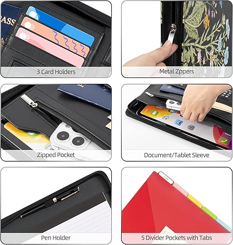 Miniatura 4 de Ospelelf Carpeta de cuero con cremallera, carpeta de 3 anillos con clipbard, calculadora, funda para tablet de 12.1 pulgadas, 5 divisores con 10