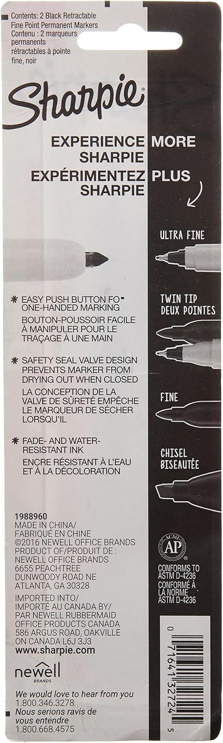 Sharpie Retractable Fine Point Permanent Markers, Black Color, 2-Units per Pack (1-Pack) Model 32724
