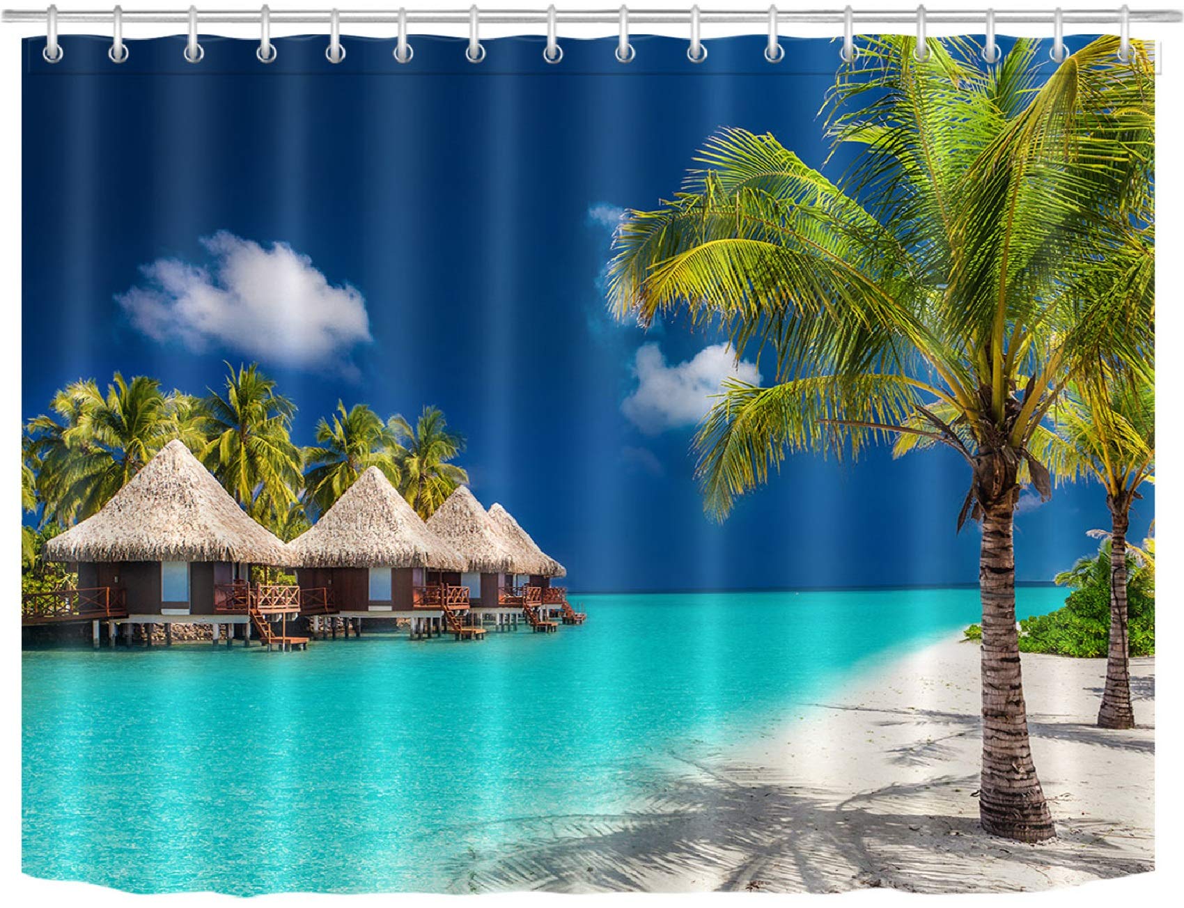 LB Tropical Island Shower Curtain Palm Tree Ocean Beach Extra Wide Bathroom Curtains Polyester Anti Mould Waterproof Bath Curtain with Hooks,94x69 inches,Water Bungalows - Image 2