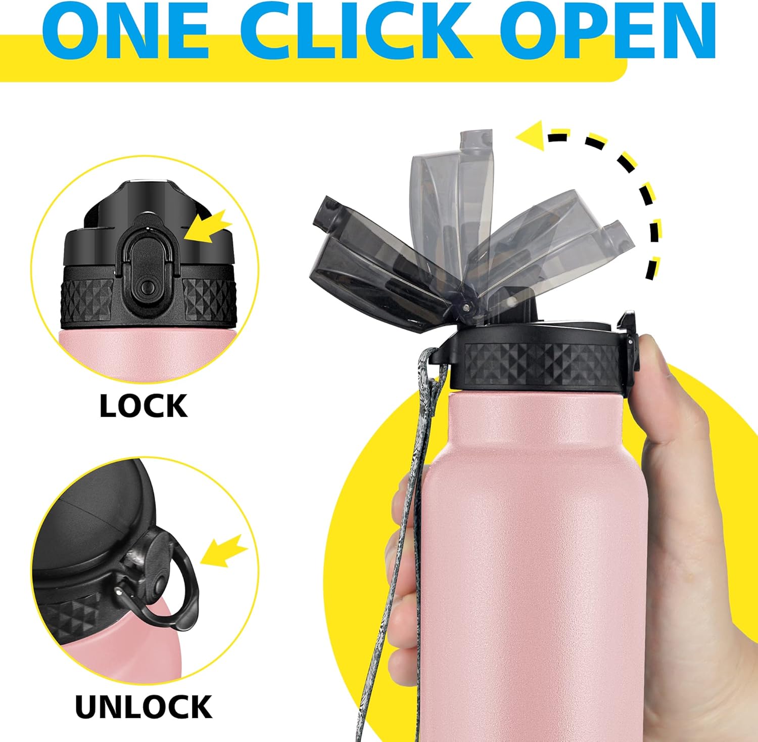 Han's Bottle Sports Water Bottle - 24 Oz, Straw Lid, Leak Proof, Vacuum Insulated Stainless Steel, Double Walled, Thermo Mug,Blush - Image 4