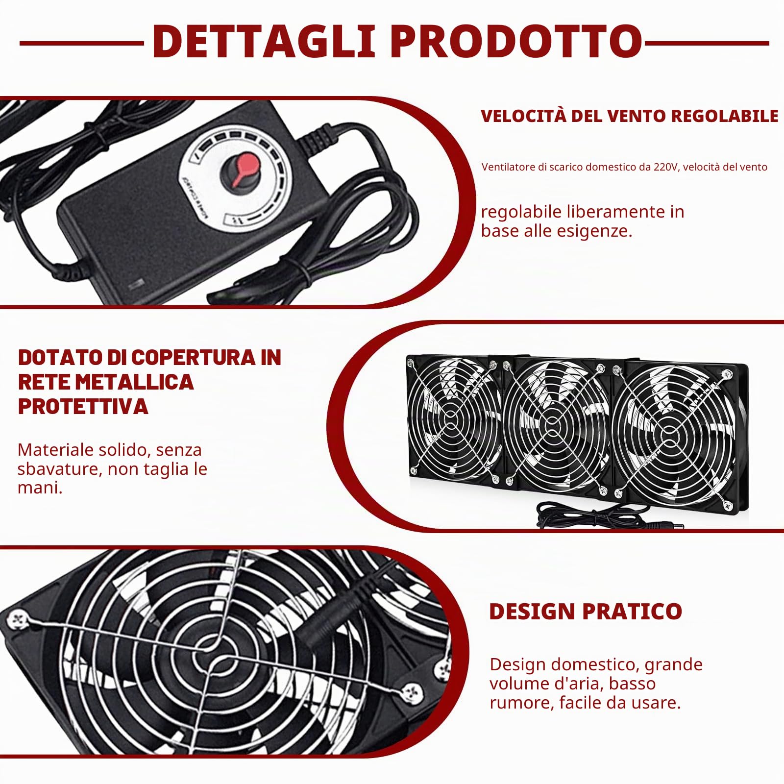 Ventola da 120 mm con controllo della velocità 220 V, ventola di raffreddamento senza spazzole con copertura in metallo, grande volume d'aria, ventilatore di scarico silenzioso per computer