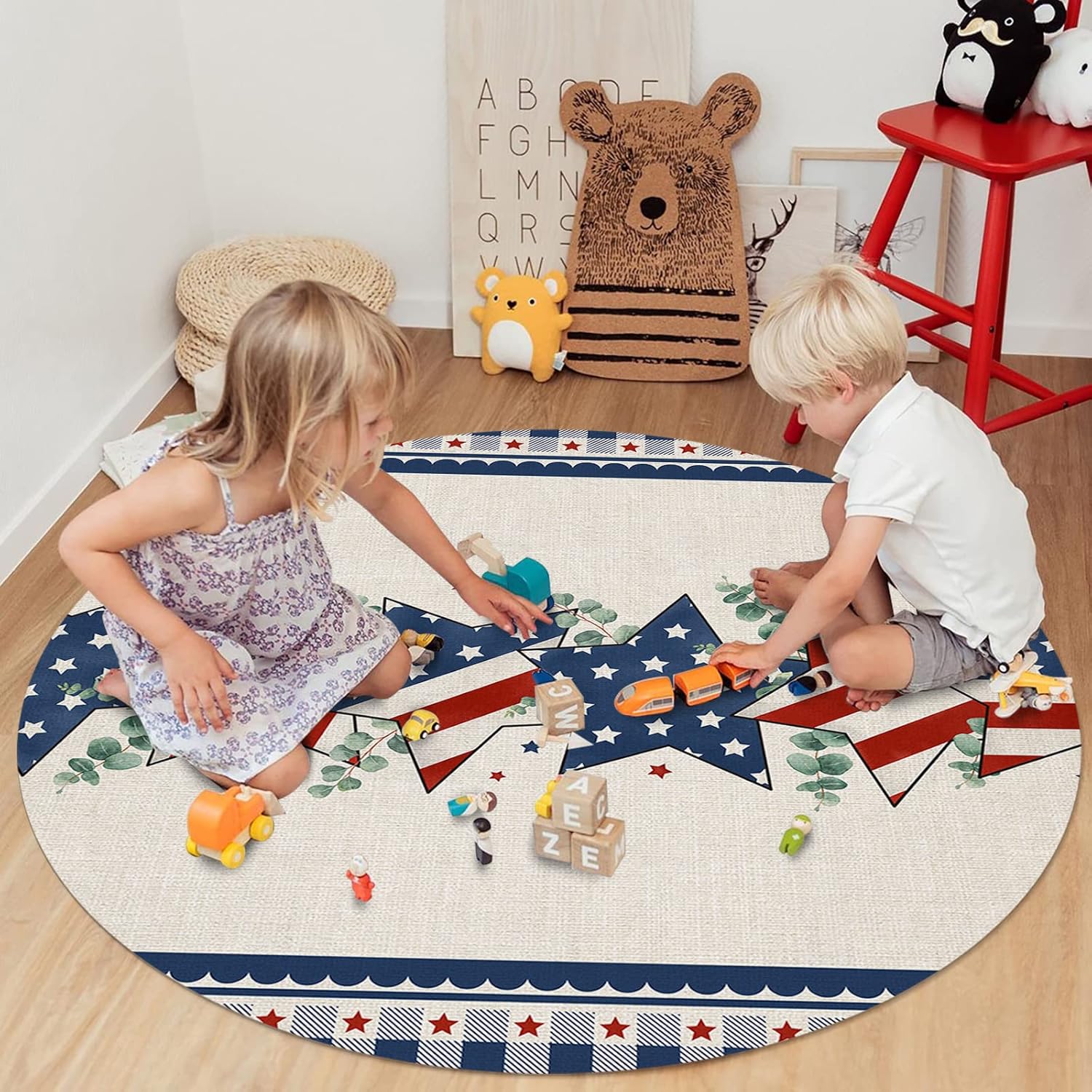 4th of July Round Area Rug 3ft American Flag Stars Felt Floor Carpets Washable Indoor Floor Area Mat Stain-Proof Independence Day Mat Rugs for Living Room Dining Kitchen Bedroom, Eucalyptus Blue Plaid