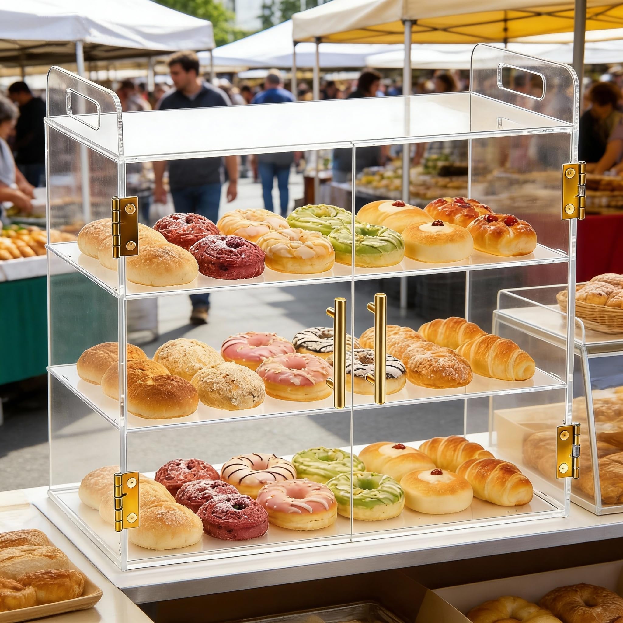 Vitrina de 3 bandejas para encimera de panadería con puerta automática elástica, 49.5cm x 26cm x 38cm, vitrina acrílica transparente para repostería de pan, postres, galletas