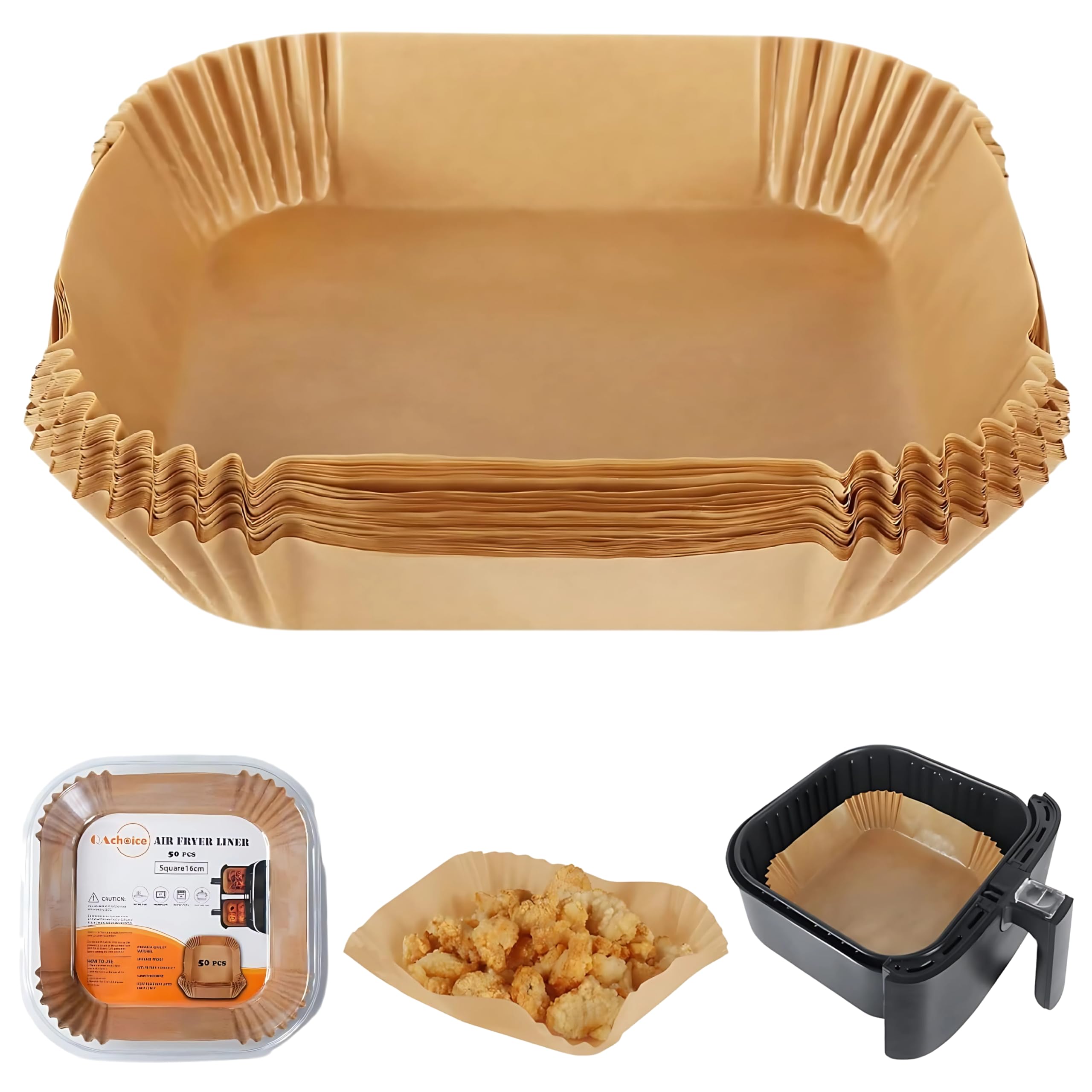 QAchoice Air Fryer Parchment Paper Liners 50PCS, Disposable Square Air Fryer Liners, Non Stick Baking Paper, Greaseproof Air Fryer Accessories for Ninja, COSORI, Tefal & Russell Hobbs Fryers