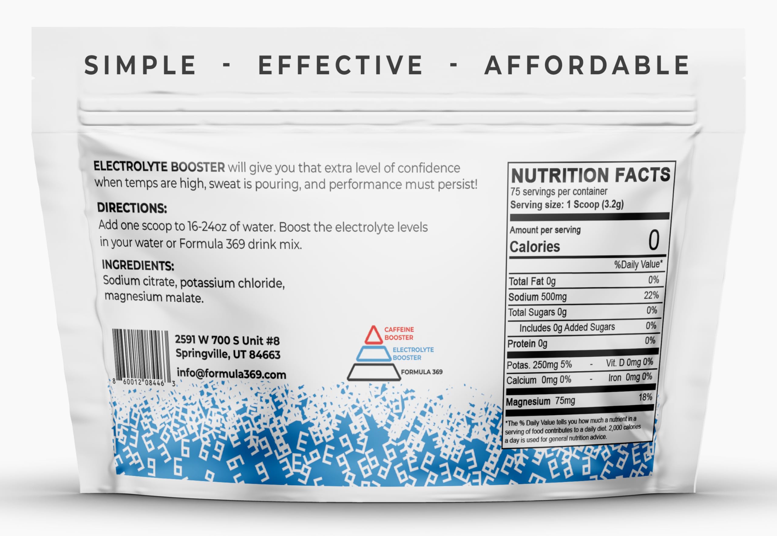 Electrolyte Booster by Formula 369 - Unflavored, 75 Servings, 500mg Sodium, 250mg Potassium, 75 mg Magnesium for Daily Hydration, Exercise, Endurance Sports.
