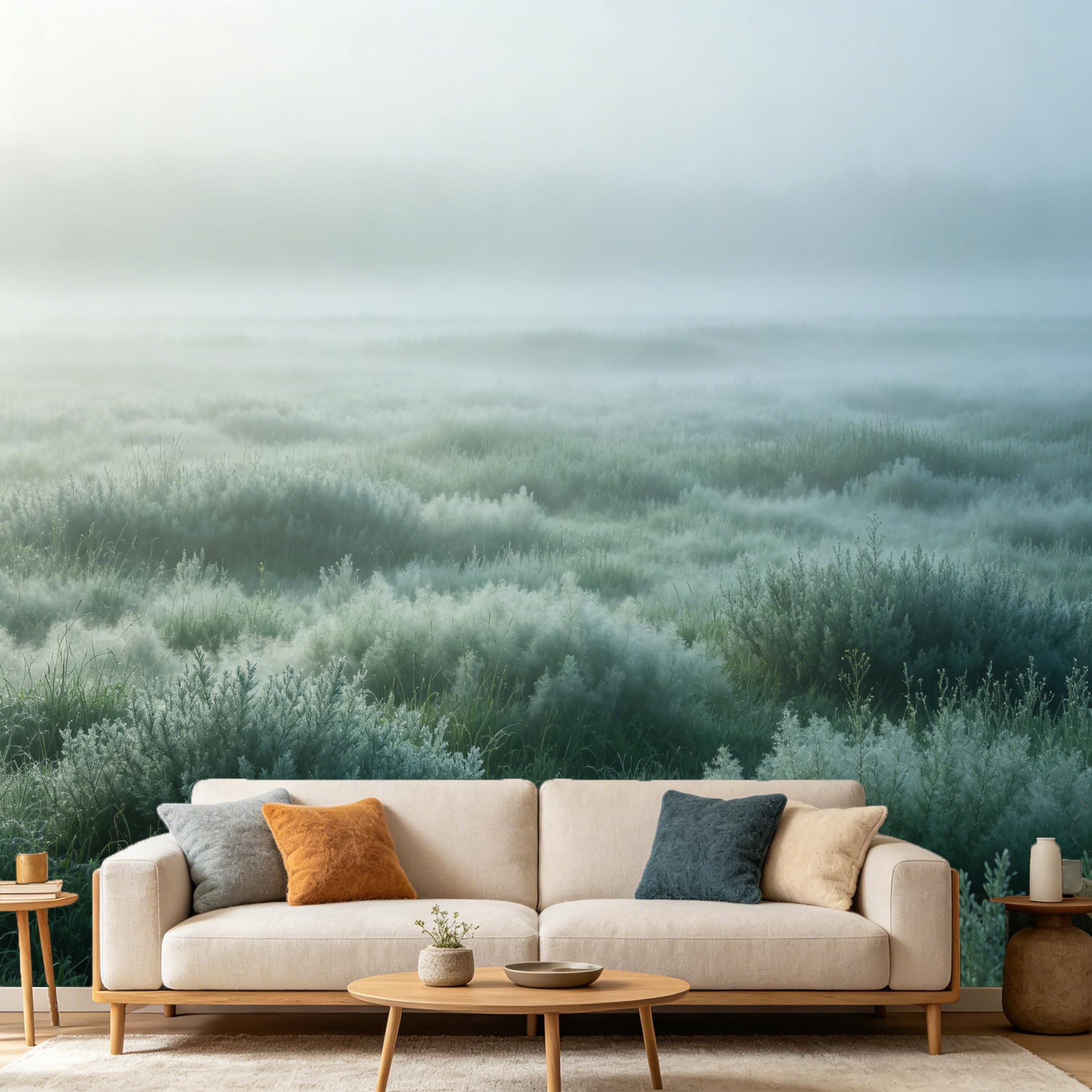 Custom Size Wall Mural Misty Morning Meadow Landscape Foggy Nature Scenery Minimalist Botanical SelfAdhesive Art Prints wall Fabric（No PVC） Removable Wallpaper Home Bedroom Decor