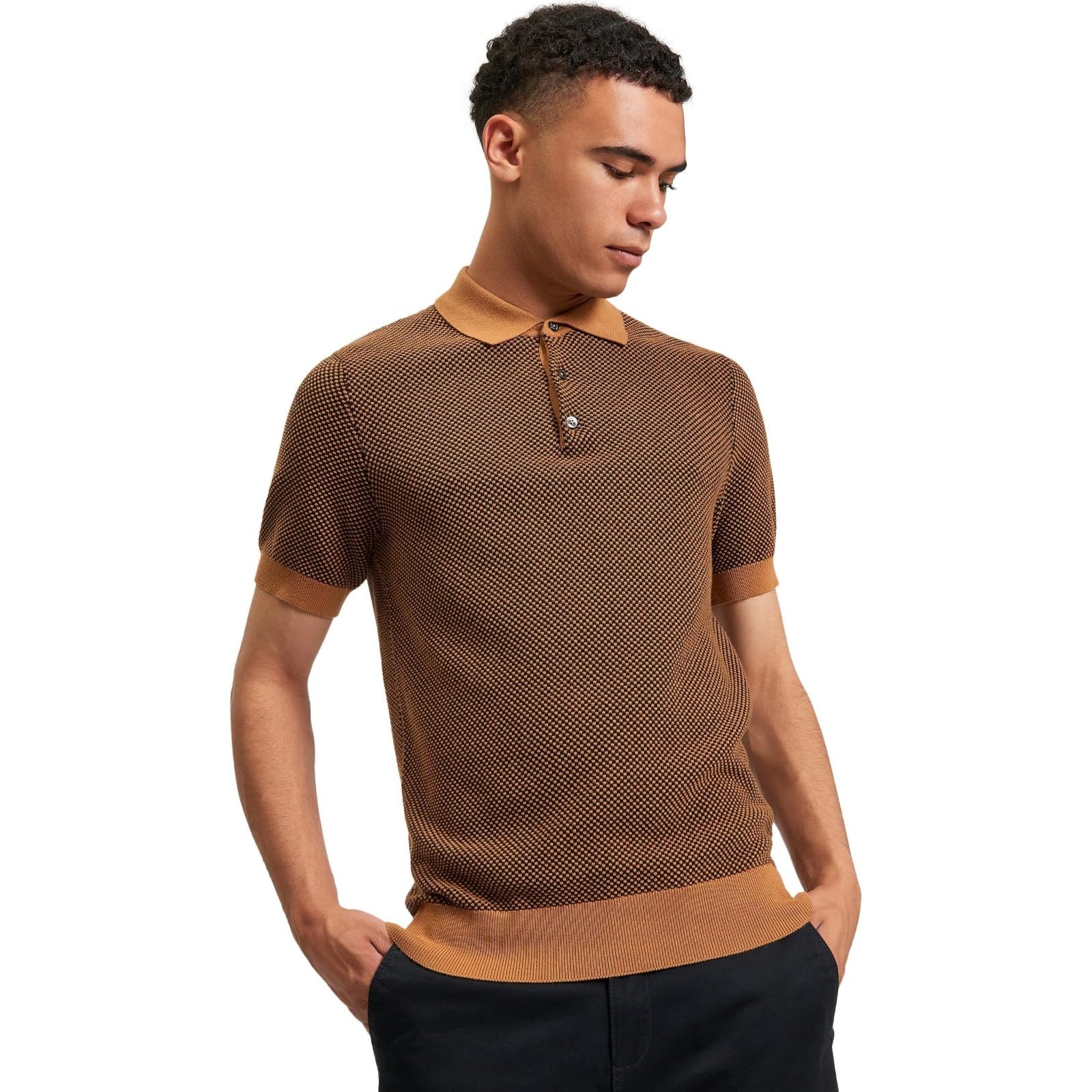 Ben Sherman Mens Knitted Textured Polo Shirt (UK, Alpha, XL, Regular, Regular, Camel)