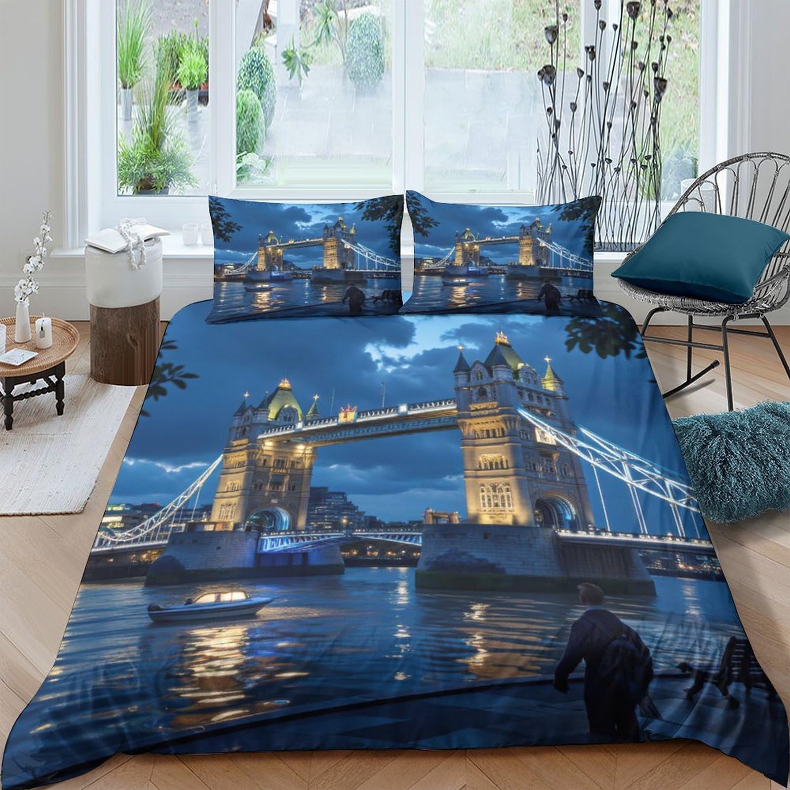 Ctjqhvkz Style-7 3D Printed London Bridge Night View Fitted Sheet Microfiber Soft Bed Cover For Bedroom Guest Room Mattress Protection Single（135X200cm）