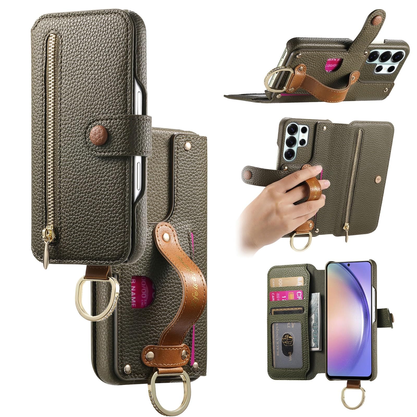 Generic - Funda con tapa para Samsung Galaxy S23 Ultra (color: verde noche) con correa de piel RFID
