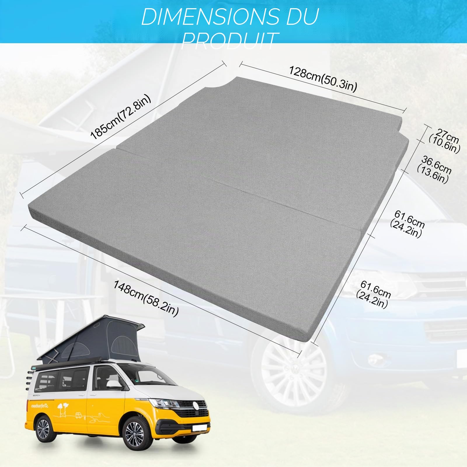 Matelas pliant, pour VW T4, T5, T6, T6.1, Multivan California Beach Caravelle, Transporter, 148 x 185 x 8 cm, avec fermeture éclair et housse lavable, pour voyage et camping