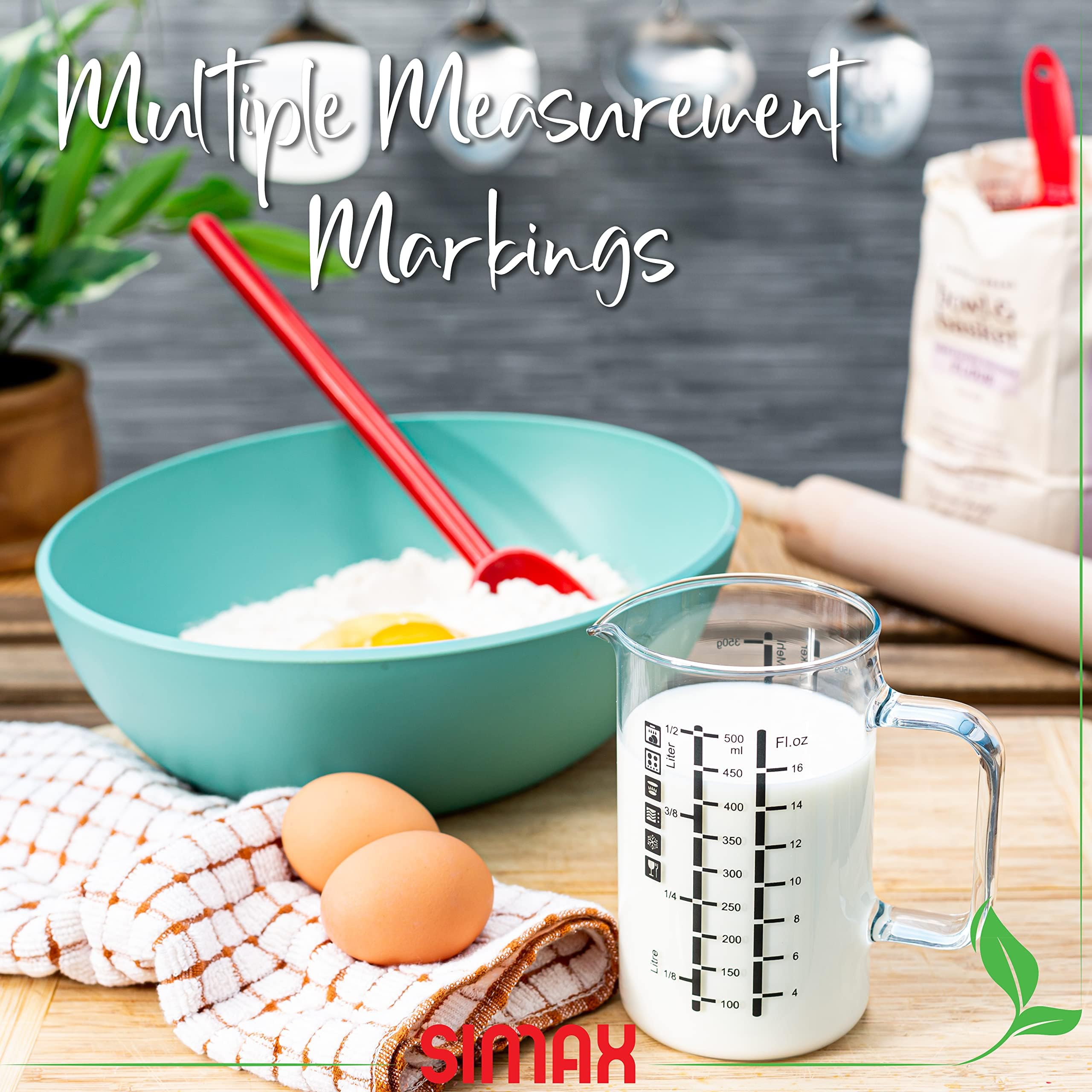 Simax Taza medidora de vidrio: tazas medidoras de vidrio de 16 onzas, taza medidora de litros, onzas y ml para líquido, tazas medidoras métricas de vidrio de borosilicato en gramos, mide harina y