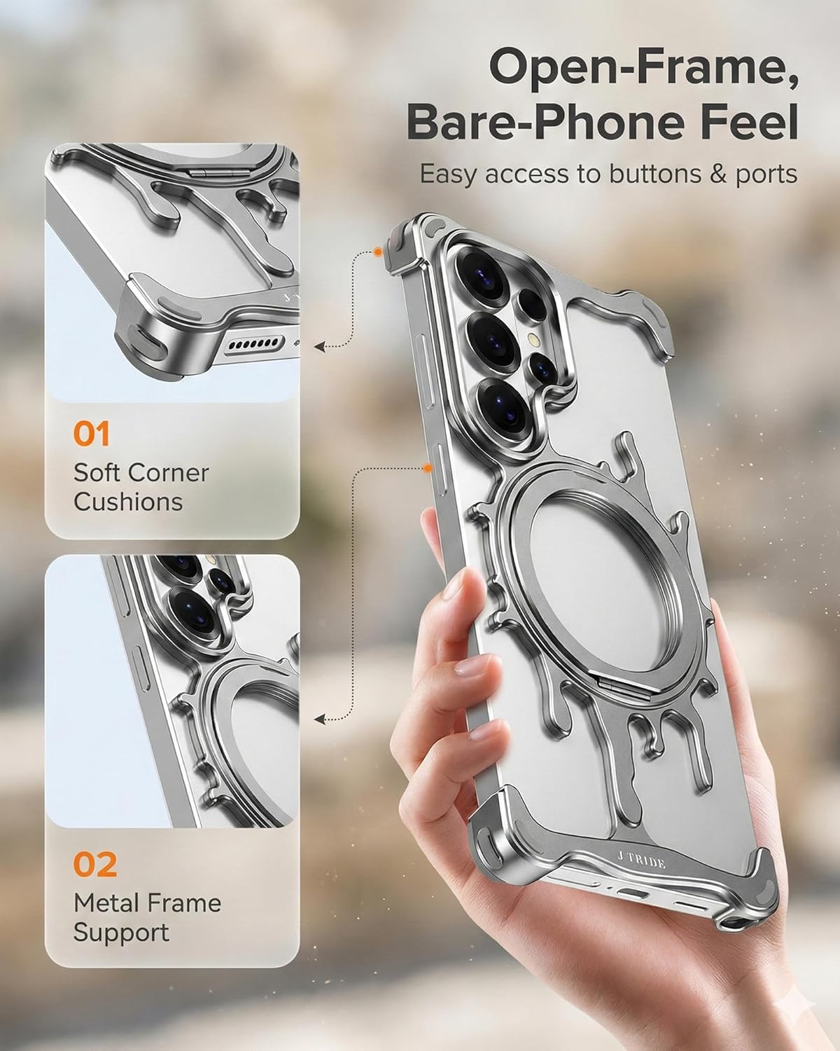 Frameless Case with Rotating Ring for Samsung Galaxy S26 Ultra, Silver Slim Open Back Bumper with Soft Corners Camera Bezel Protection Magnetic Accessory Ready Grip Stand, Silver