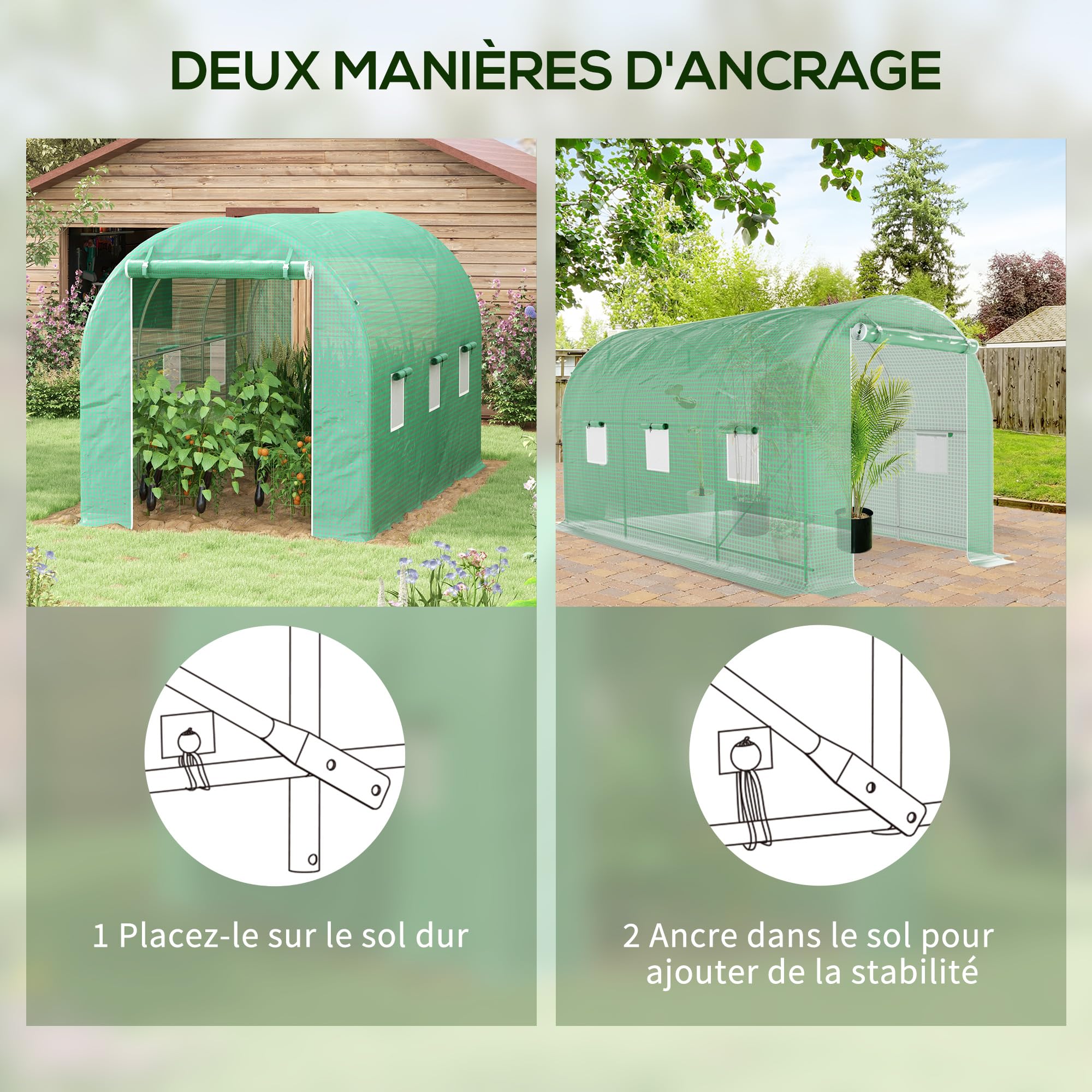 Outsunny Serre de Jardin Tunnel Serre à Tomates 8 m² 4L x 2l x 2,05H m Vert | Châssis Tubulaire Renforcé, Double Porte Zippée, 6 Fenêtres Enroulables