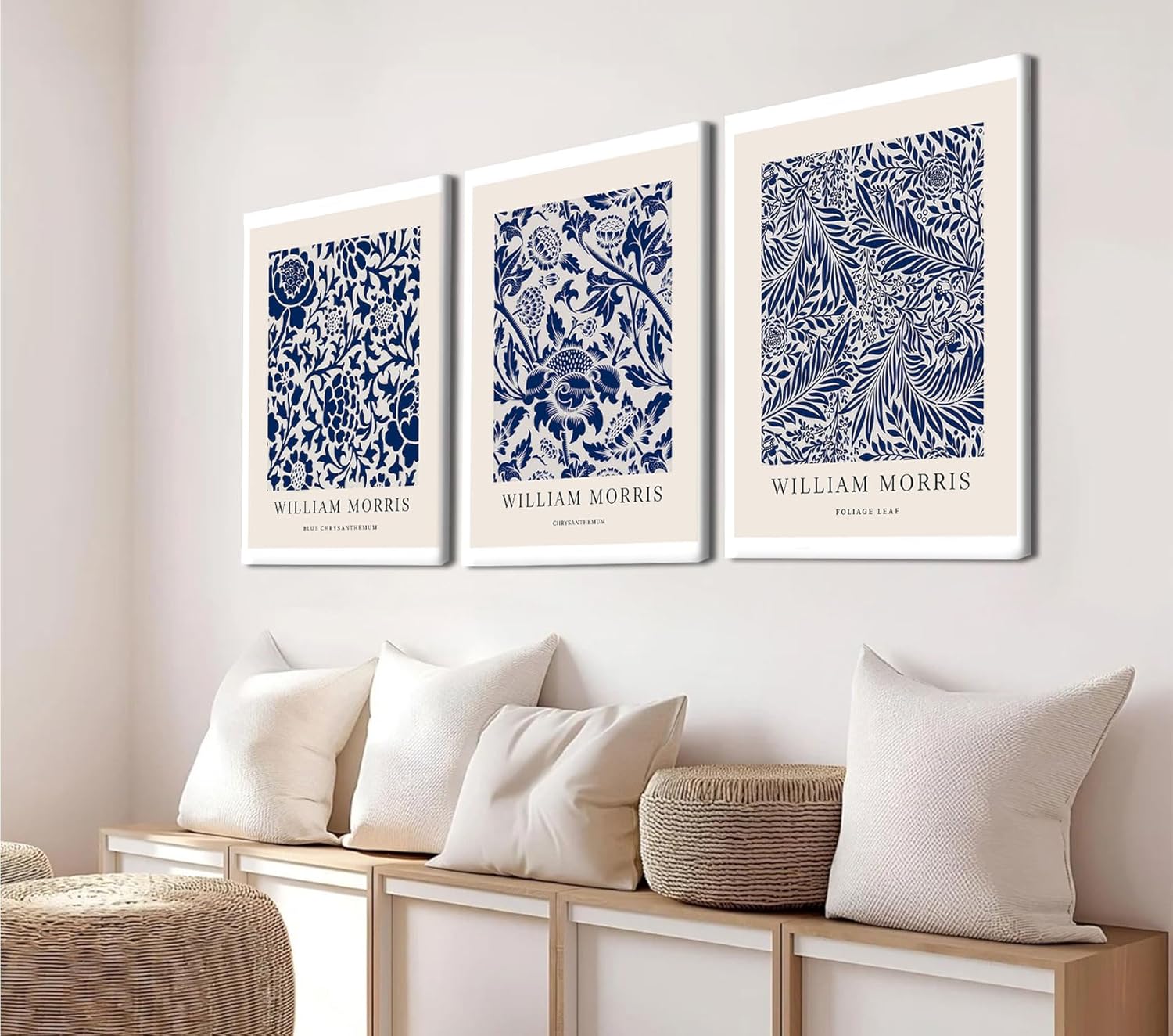 3 Pcs William Morris Floral Canvas Wall Art, Blue and White Botanical Poster Prints, Vintage Gallery Wrapped Wall Decor for Living Room Bedroom Bathroom Studio, 16x24 Inch Ready to Hang