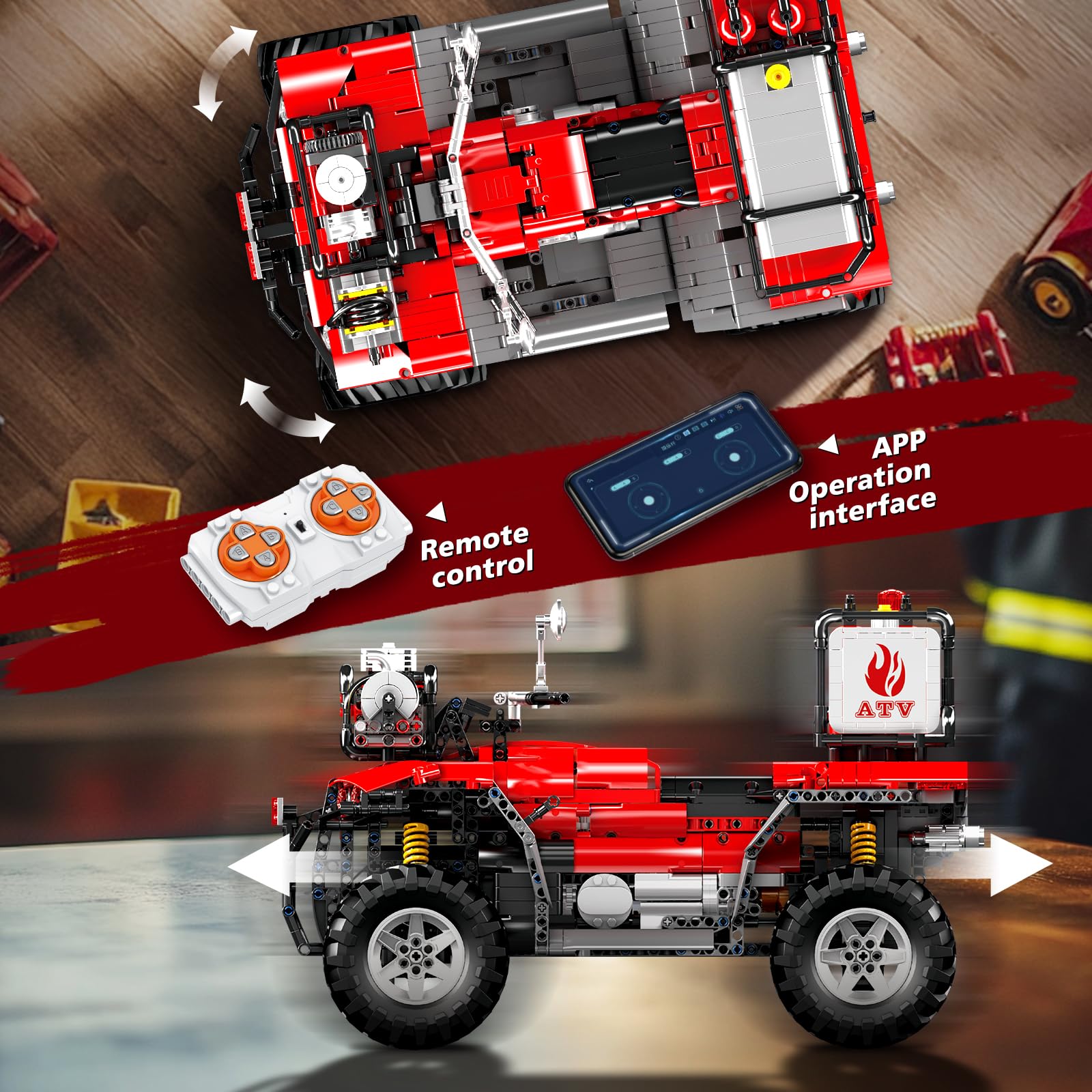 Mould King 23003 Technik ATV - Kit de construcción de Moto de Bomberos, Mando a Distancia de 2,4 G y aplicación de Doble Control, autociclo, Kit de construcción de vehículos Todoterreno (más de 2100