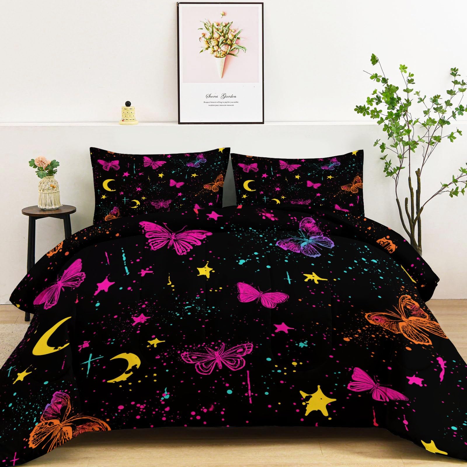 Twin Comforter Set 3 Pcs Watercolor Splash Butterfly Moon Stars Soft All Seasons Quilted Comforter Set, Black Warm Comforters Set 68" x 90" with 2 Pillowcases for Kids Girls Boys