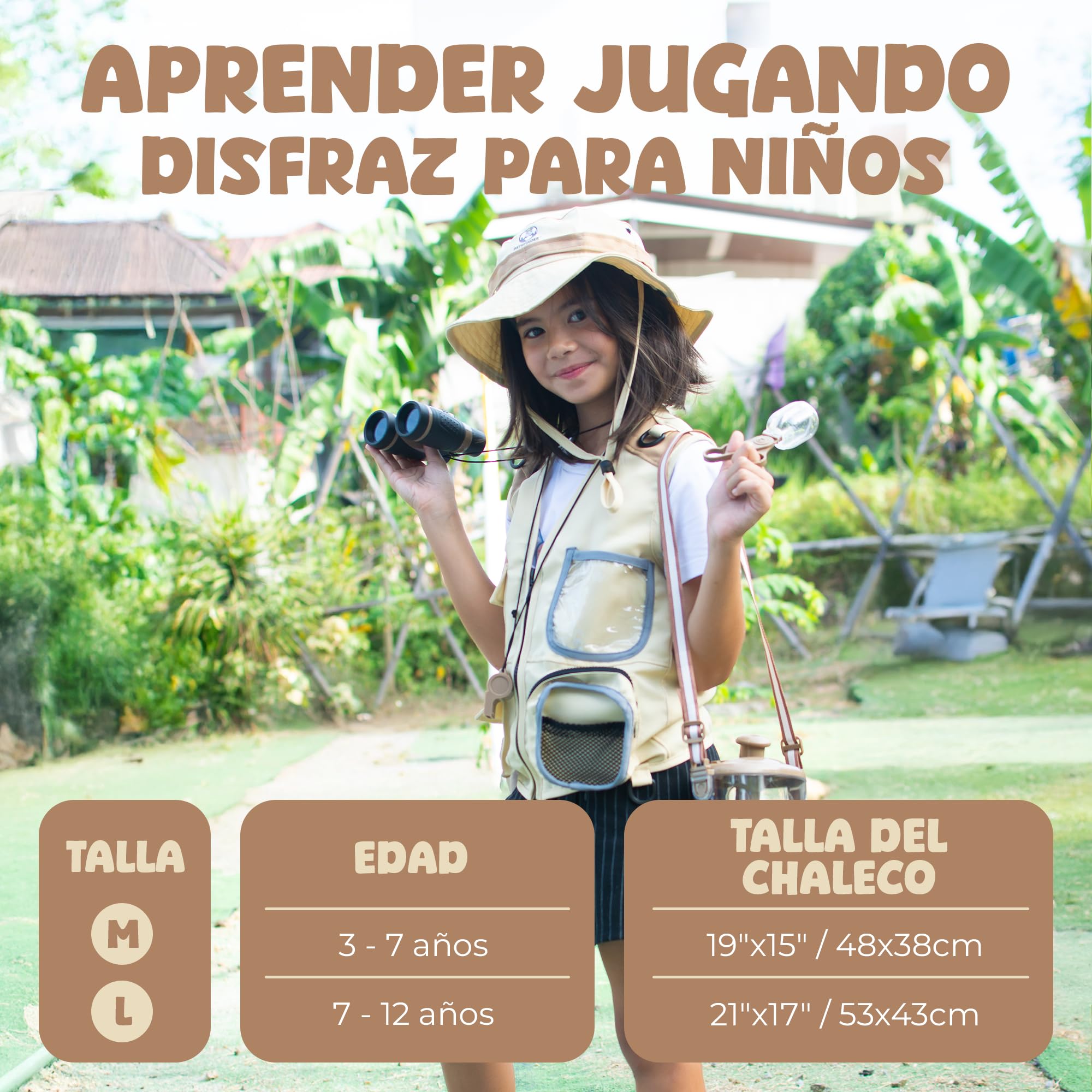 Kit Explorador Niños 7-12 - Disfraz con Chaleco, Gorro, Prismáticos y Lupa